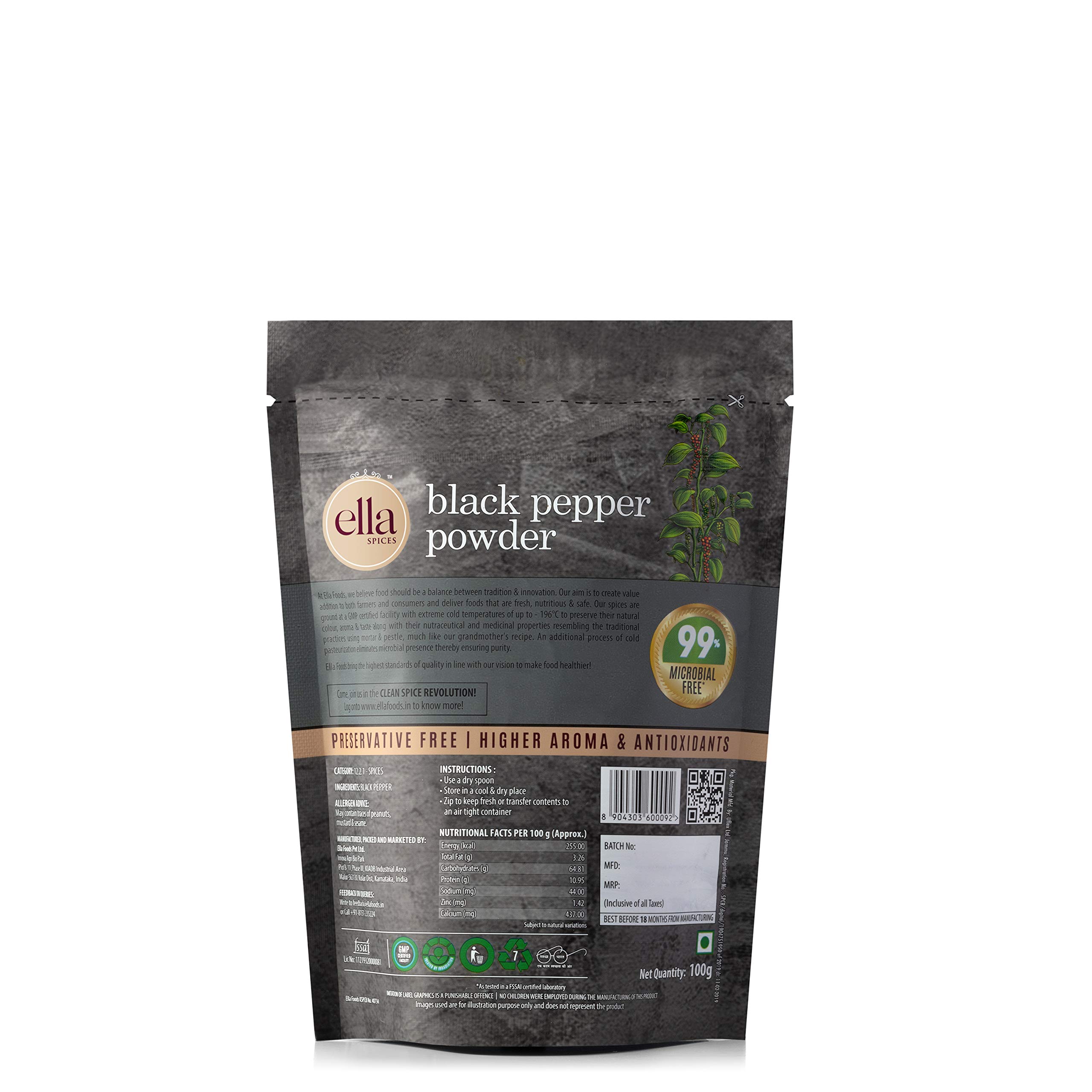 Premium Black Pepper Powder - Ella Foods Spices | Cryogenic Grinding for 2X Aroma & Flavor | 100g Each (Pack of 2) | Perfect for Cooking, Seasoning & Gourmet Recipes
