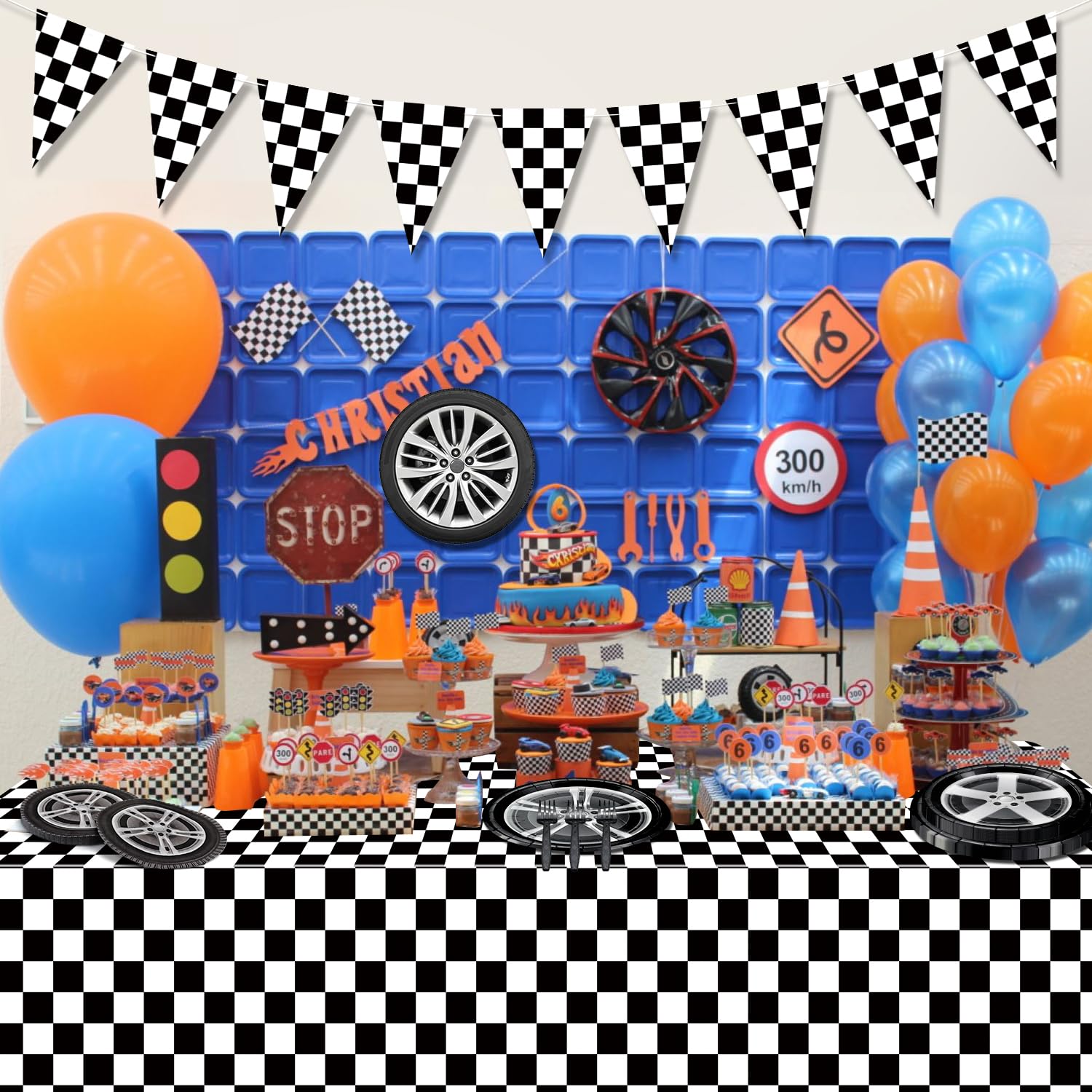 **81Pcs Racing Car Birthday Party Decorations Set - Car Wheel Plates, Tire Napkins, Forks & Checkered Tablecloth for Kids' Racing Themed Party (Serves 20) - Perfect for Birthday Celebrations, Sports Events & Themed Decor**