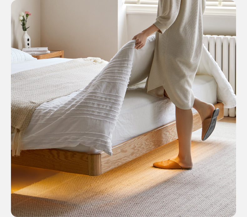 Solid Oak Wood Suspension Luminous Bed - Modern Floating Platform Bed with LED Lighting for Bedroom, Guest Room, or Dorm