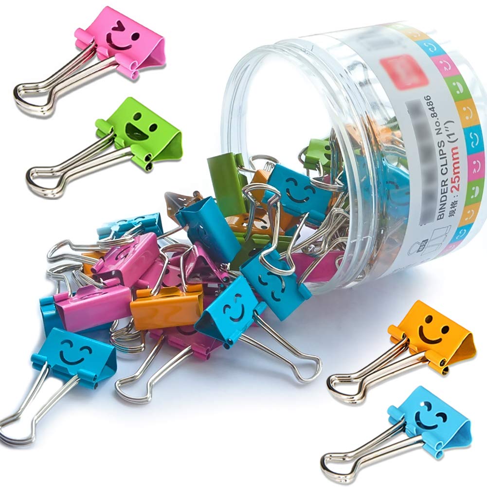 Colorful Smiling Face Binder Clips & Paper Clamps - 40 Pack Assorted Office & Kitchen Supplies (0.75 Inch) - Perfect for Organizing Documents, Photos, Recipes & DIY Crafts