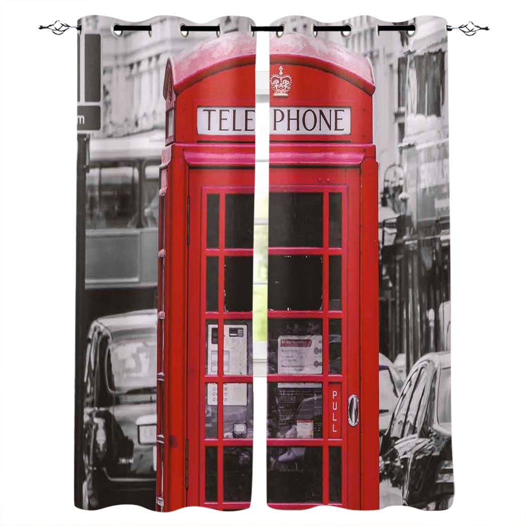 Red Telephone Booth Grommet Curtains - 52x52 Inch Set of 2 for Bedroom & Living Room - Perfect for British Theme Decor