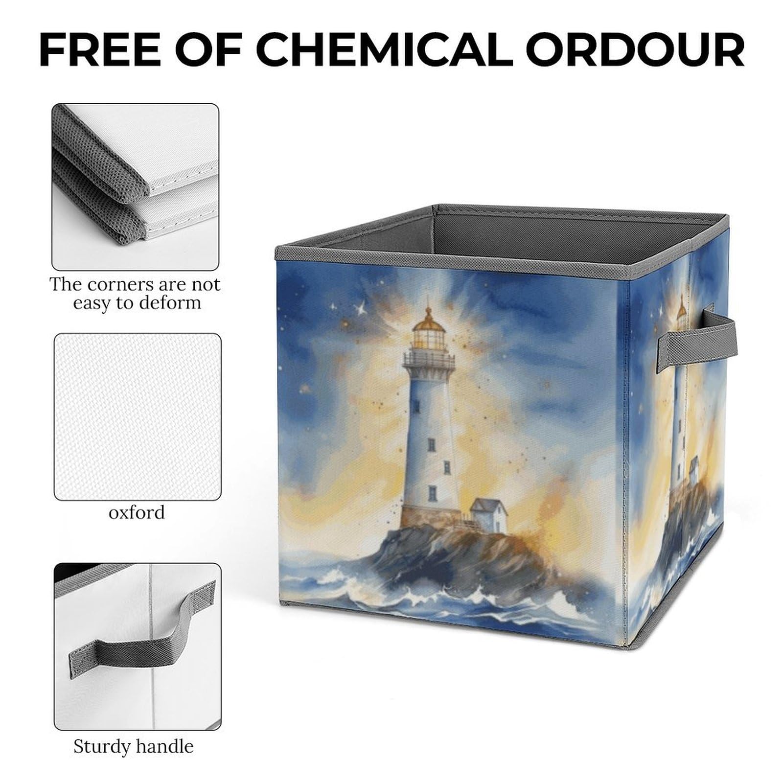 Collapsible Storage Bins with Handles - Printed Lighthouse Design for Home Organization