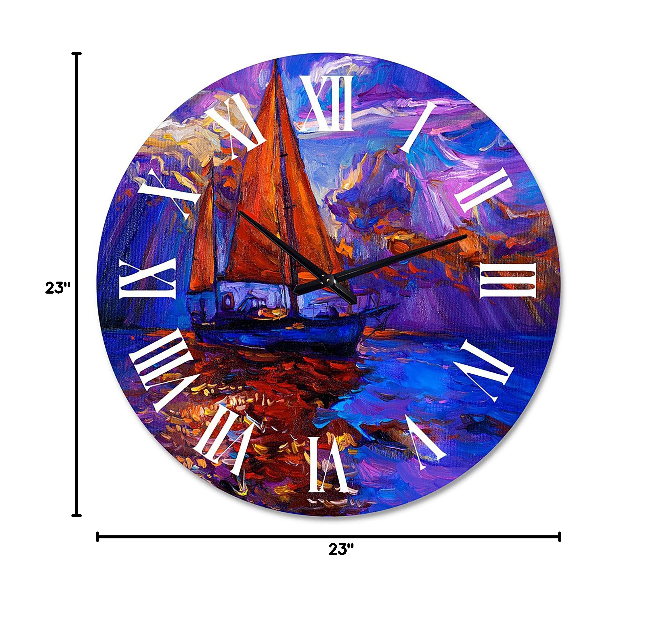 DesignQ Nautical Coastal Wall Clock - Red Sail Ship on Purple Sunset, 12 Inch Round Blue Wall Clock for Living Room, Bedroom, Office Decor | Perfect for Beach House, Coastal Theme & Home Interior Design