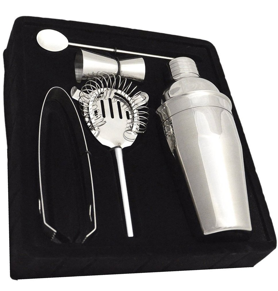 Premium 5-Piece Stainless Steel Bar Set - 18.5 oz Martini & Cocktail Shaker with Stirrer, Strainer, Double Jigger & Ice Tongs | Professional Bartending Kit for Home Bars, Parties & Mixology Enthusiasts