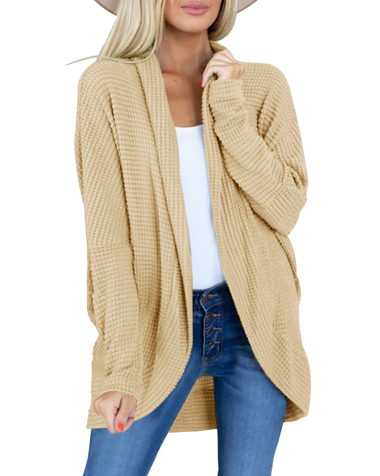 Misassy Women's Open Front Long Sleeve Batwing Lightweight Waffle Knit Sweater Cardigan - Boho Loose Coat for Fall Layering, Casual Outfits & Coffee Dates