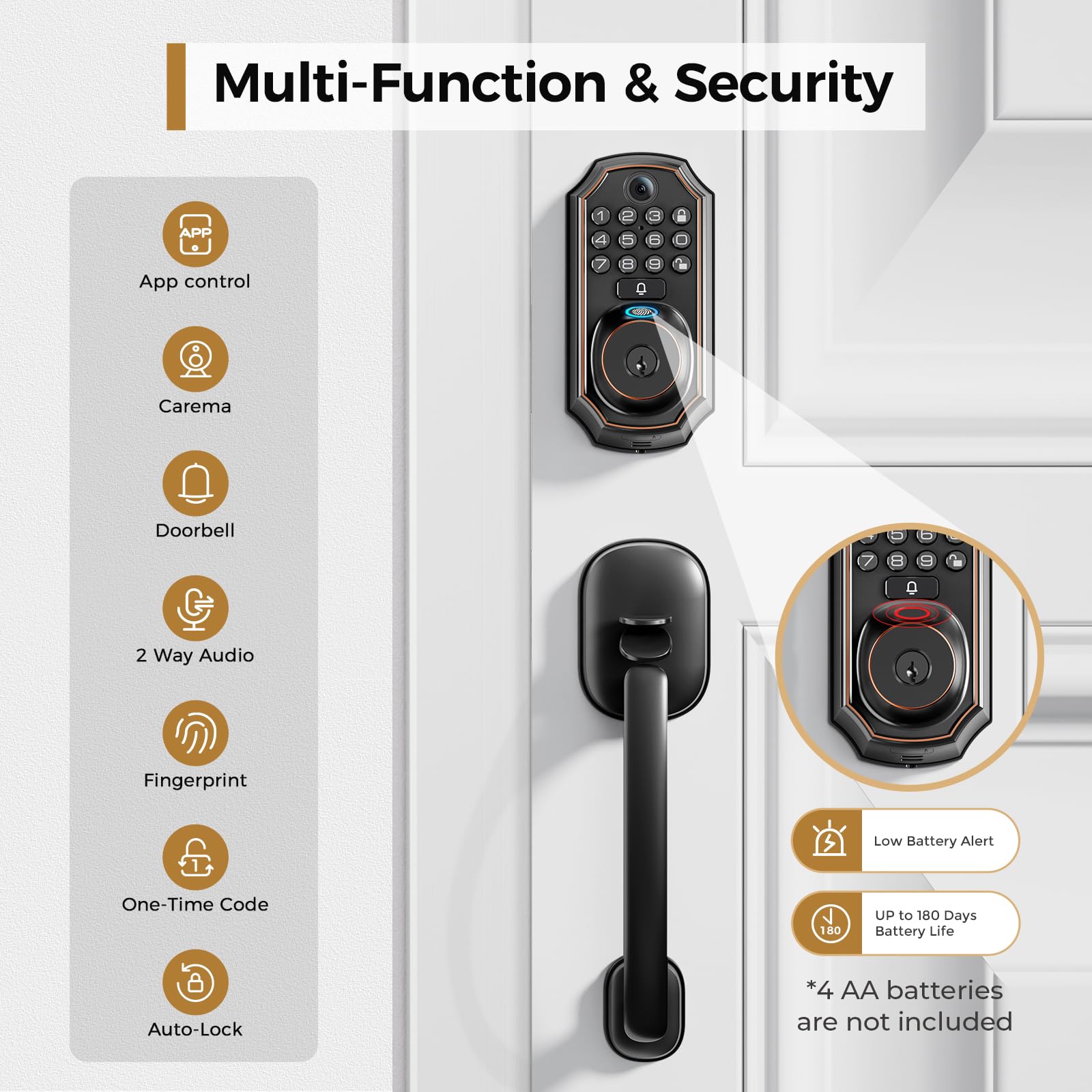 Smart WiFi Door Lock with Camera & Doorbell - 5-in-1 Keyless Entry Deadbolt with Fingerprint, App Control & Auto Lock - Easy Installation, Weatherproof - Perfect for Home Security & Smart Home Automation