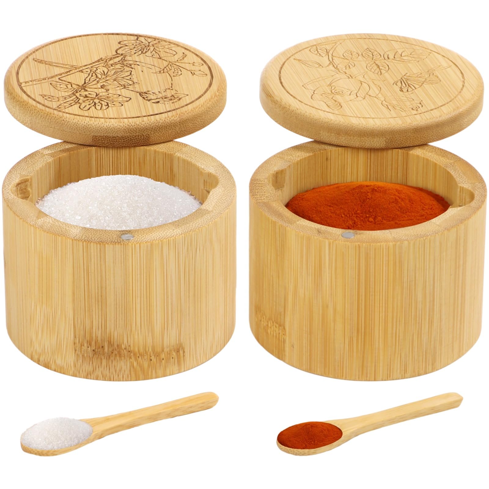 Homaisson 2-Piece Bamboo Salt and Pepper Bowls Set with Swivel Lids & Spoons - 6oz Round Seasoning Storage Containers for Salt, Pepper, Sugar & Spices - Perfect for Kitchen, Dining Table & Cooking