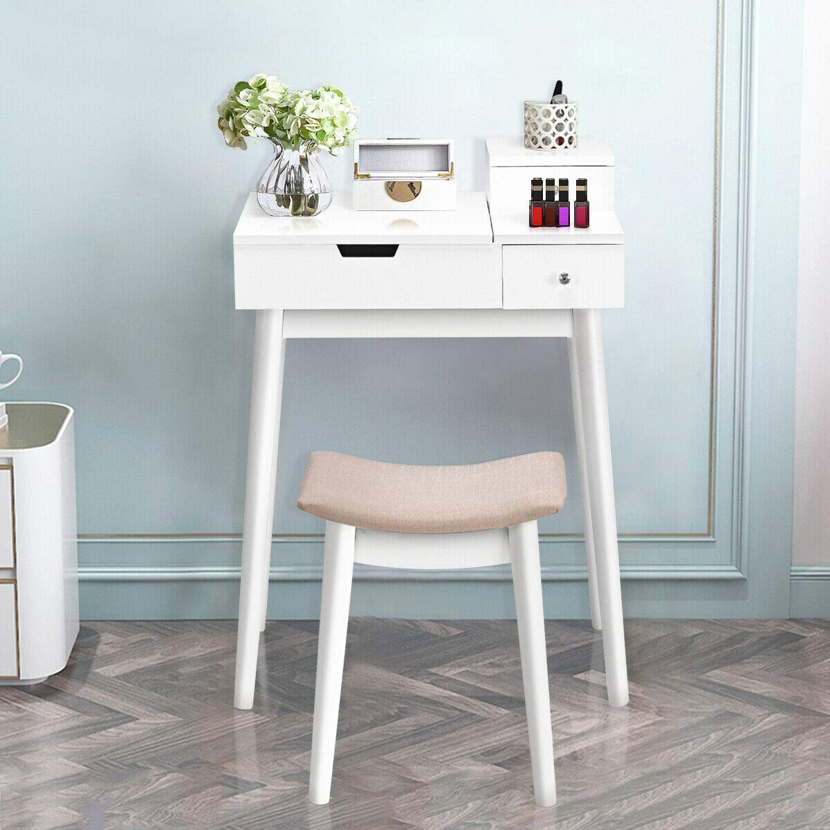 White Wood Vanity Dressing Table Set with Mirror & Bench - Perfect for Bedroom Makeup