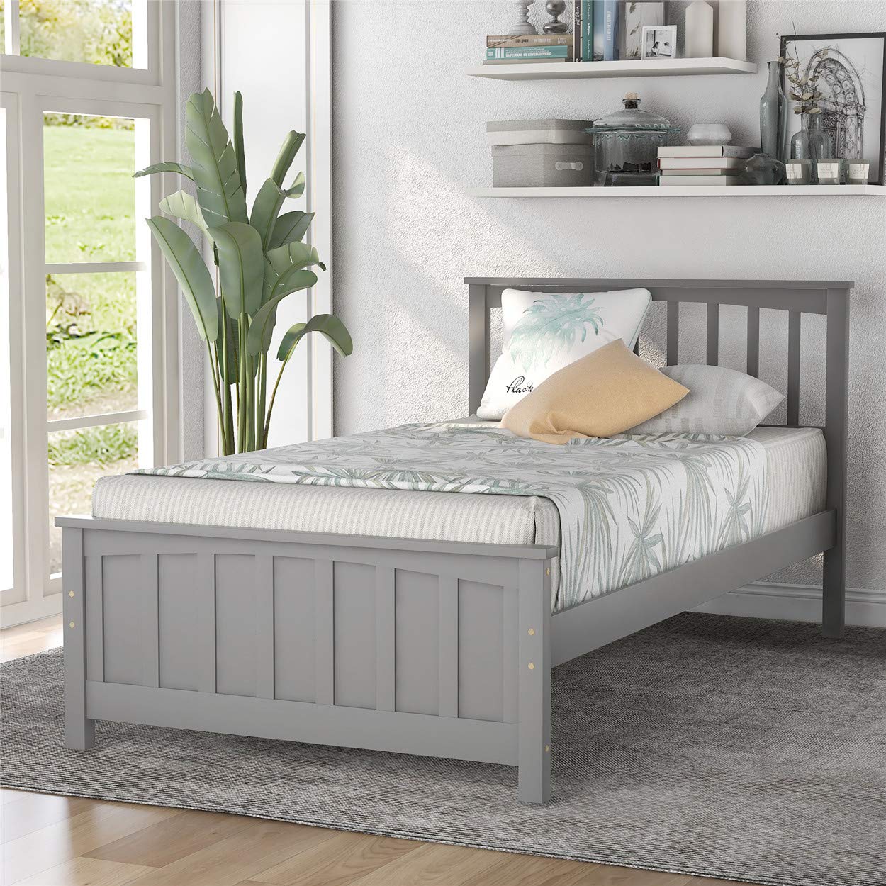 Twin Size Wood Platform Bed Frame with Headboard & Footboard - Solid Wood Slat Support, Sturdy & Noise-Free - Gray - Perfect for Kids Rooms, Guest Bedrooms & Small Spaces