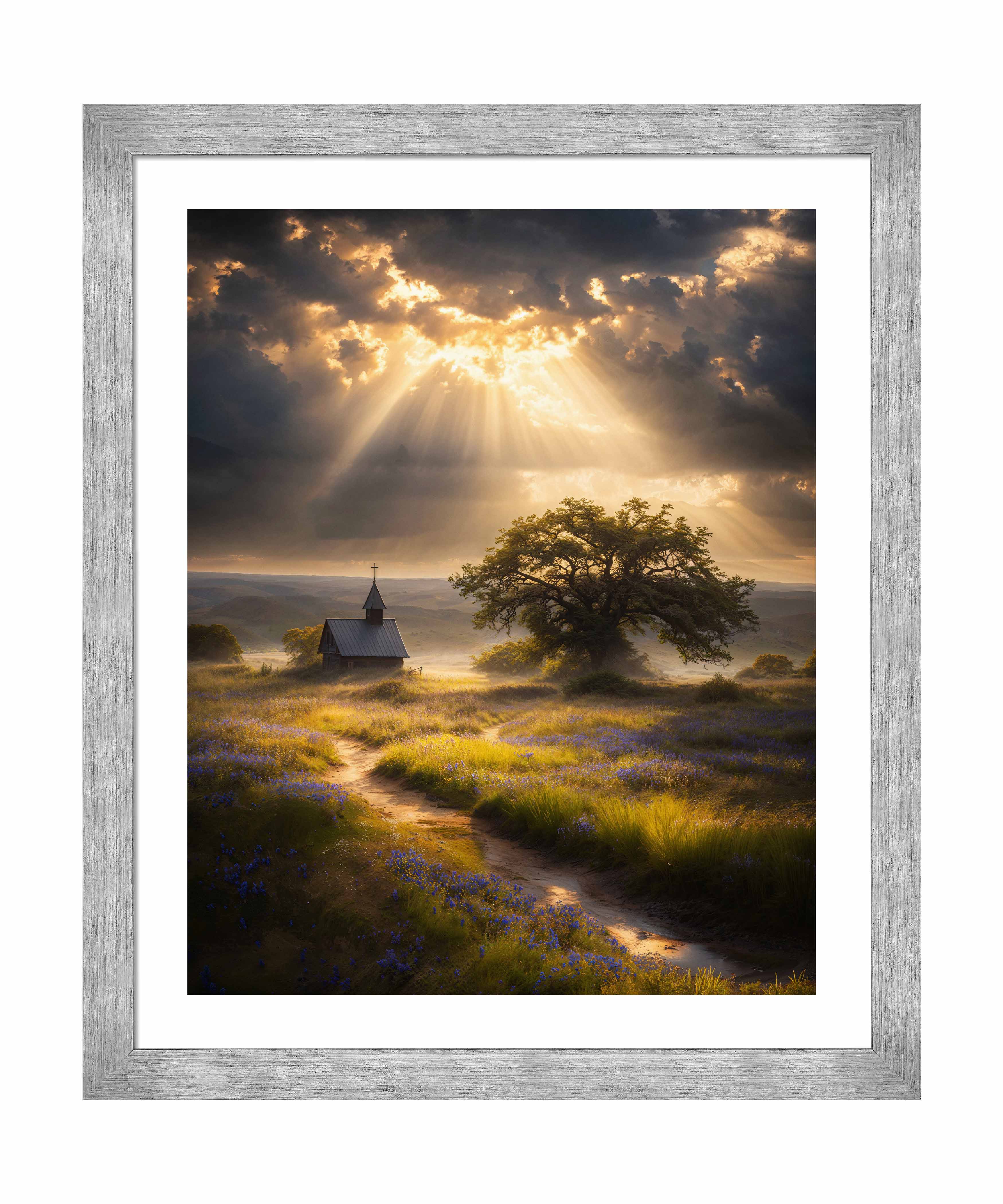 Celestial Rays Over Lone Star Landscape Art Print - Stunning Wall Decor for Living Room, Bedroom & Office