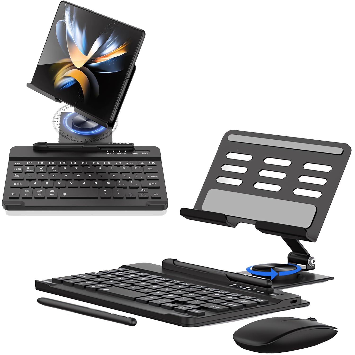 Samsung Galaxy Z Fold 6/5/4 Stand with Bluetooth Keyboard & Mouse - Portable Foldable Adjustable Tablet Stand Holder for Desk Work, Travel & Home Office - Includes Wireless Mouse & Stylus Pen