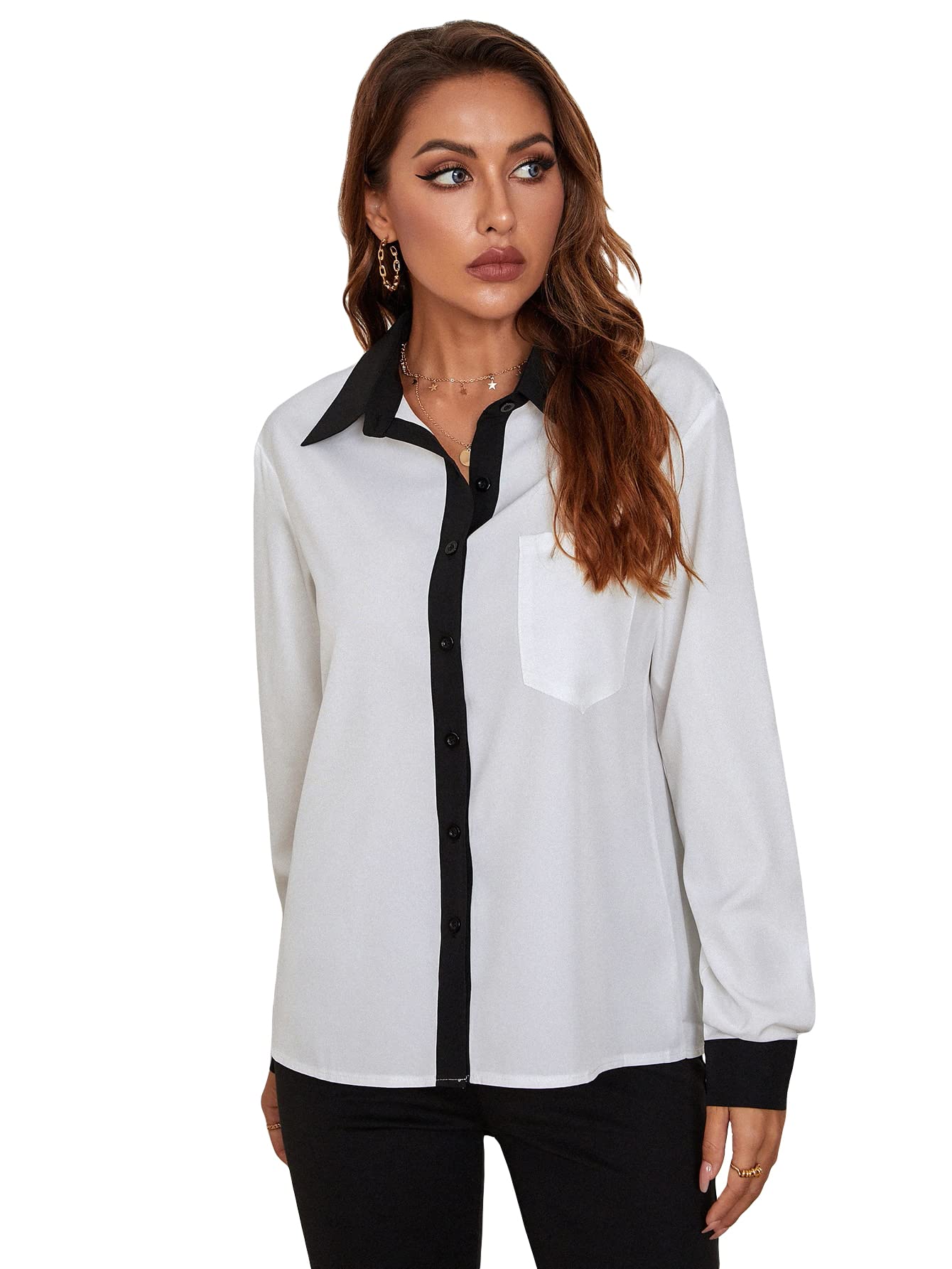 SheIn Women's Elegant Button Down Long Sleeve Collared Work Dress Shirt Blouse Tops - Professional Office Wear & Business Casual Outfits for Women