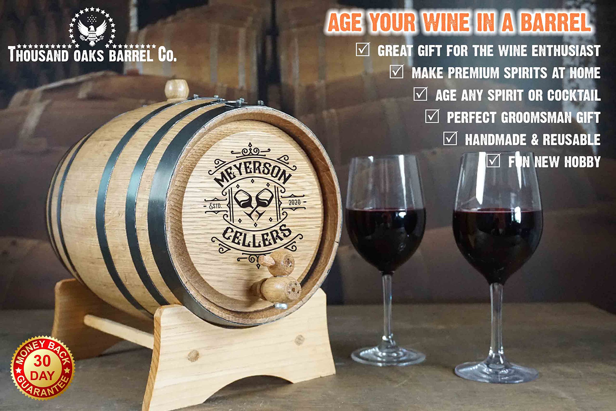Personalized 1 Gallon (5 Liter) Premium Toasted American Oak Wine Aging Barrel with Bung, Spigot & Wood Stand - Custom Laser Engraved Cellar Design (B392) - Perfect for Home Brewing, Wine Making & Unique Gifts