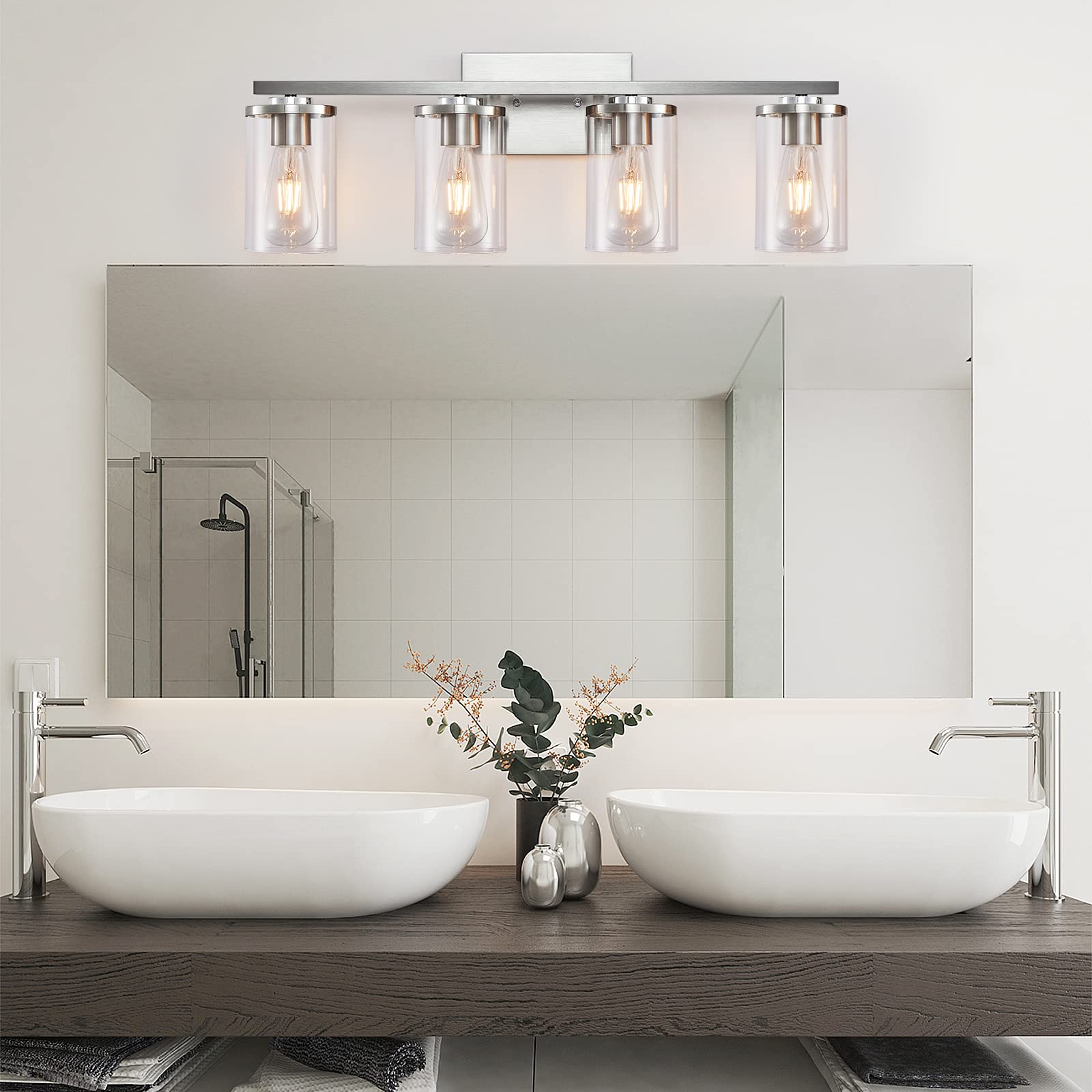 Modern Brushed Nickel 4-Light Bathroom Vanity Light Fixture with Clear Glass Shade - Perfect for Mirror Lighting in Contemporary Bathrooms & Powder Rooms