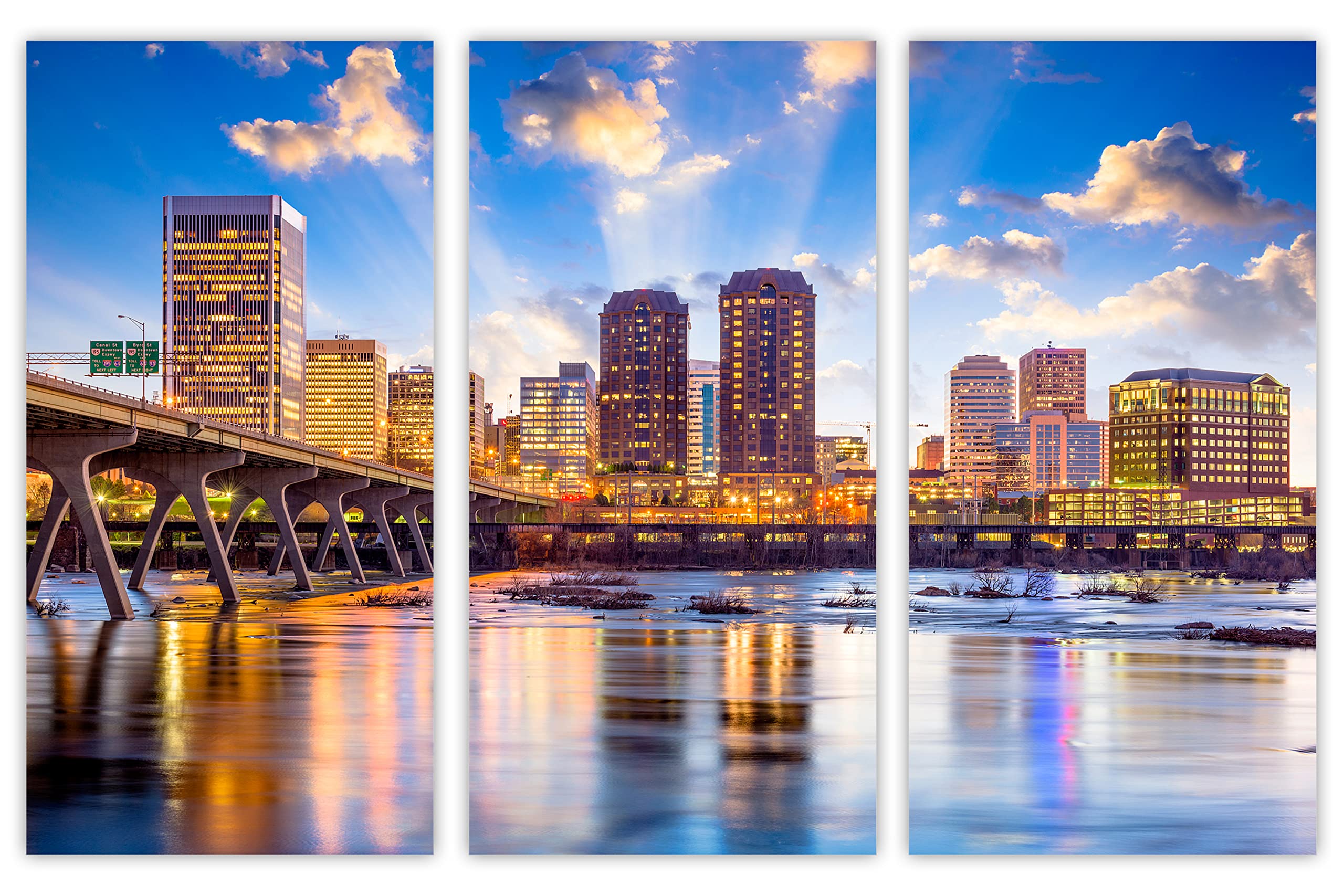 60x40 Richmond Virginia Canvas Print - USA Skyline Triptych Wall Art, 3 Panel Split Home Decor for Living Room, Bedroom & Office