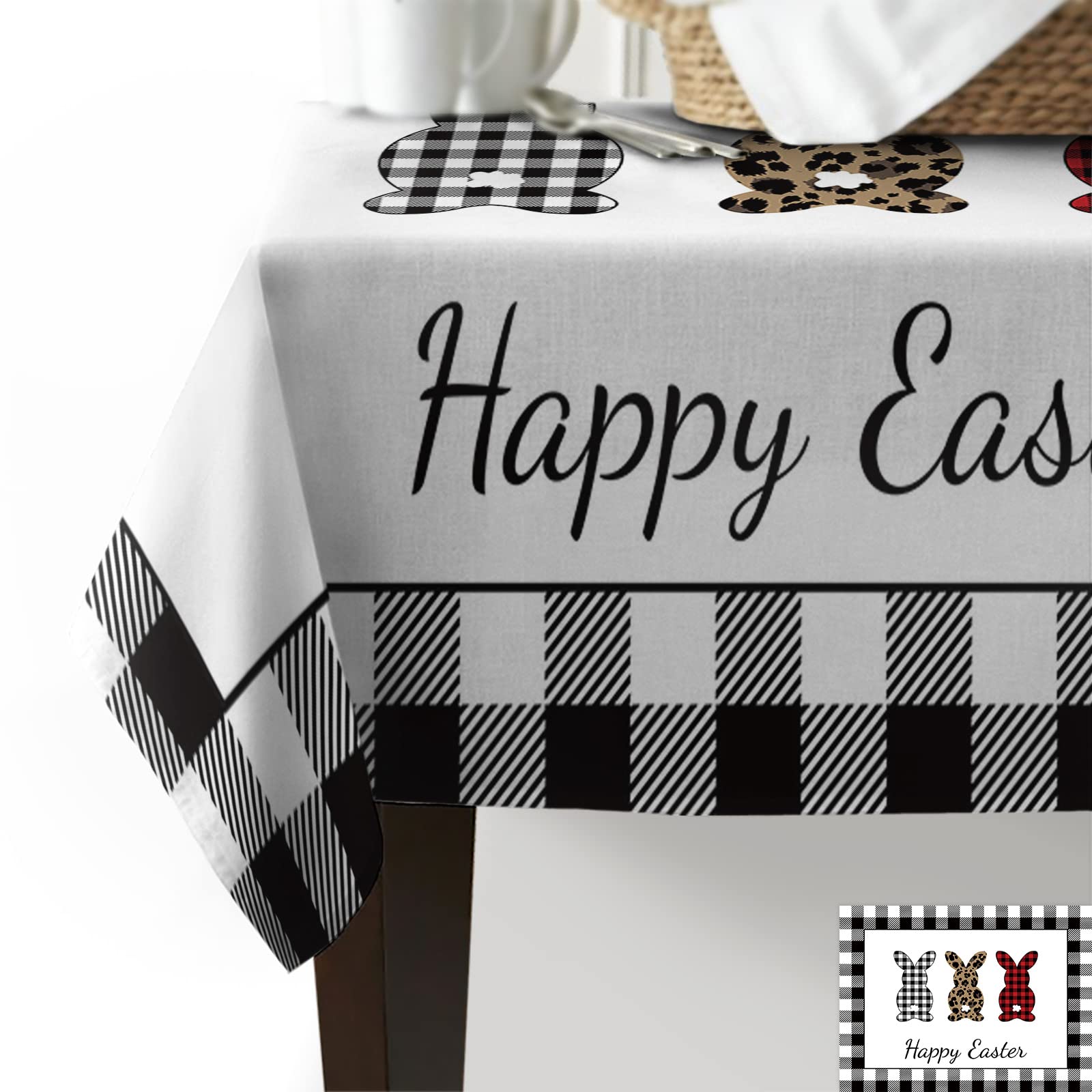 Easter Bunny Tablecloth - Black and White Buffalo Plaid Waterproof Table Cover for Kitchen, Dining Room, Party, Hotel Banquet (52x70 Inches) - Spring Rabbit Grid Leopard Decor for Easter Celebrations, Holiday Gatherings & Home Decor