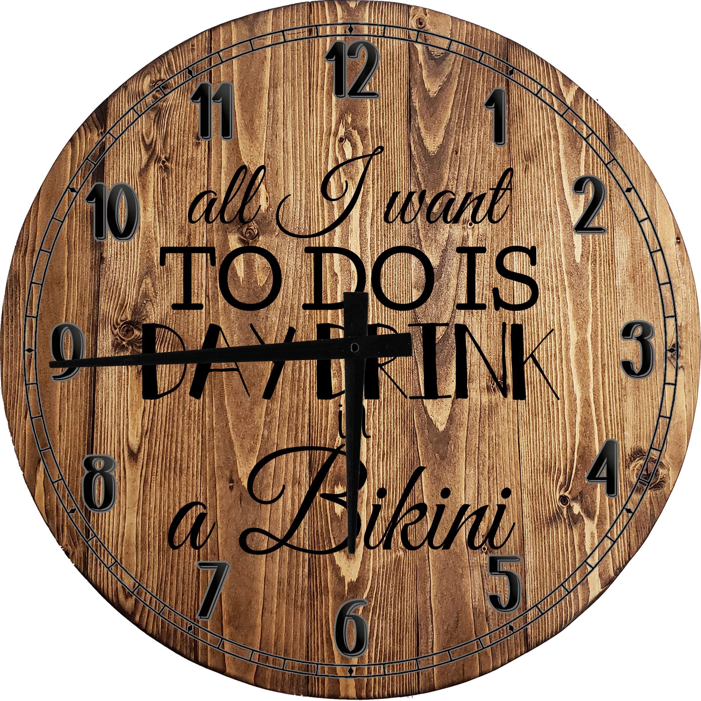 Funny Wine Lover Girl Day Drinking Bikini Wall Clock - 24 Inch Large Round Battery Operated Gray Wall Art for Kitchen, Living Room, or Bar Decor
