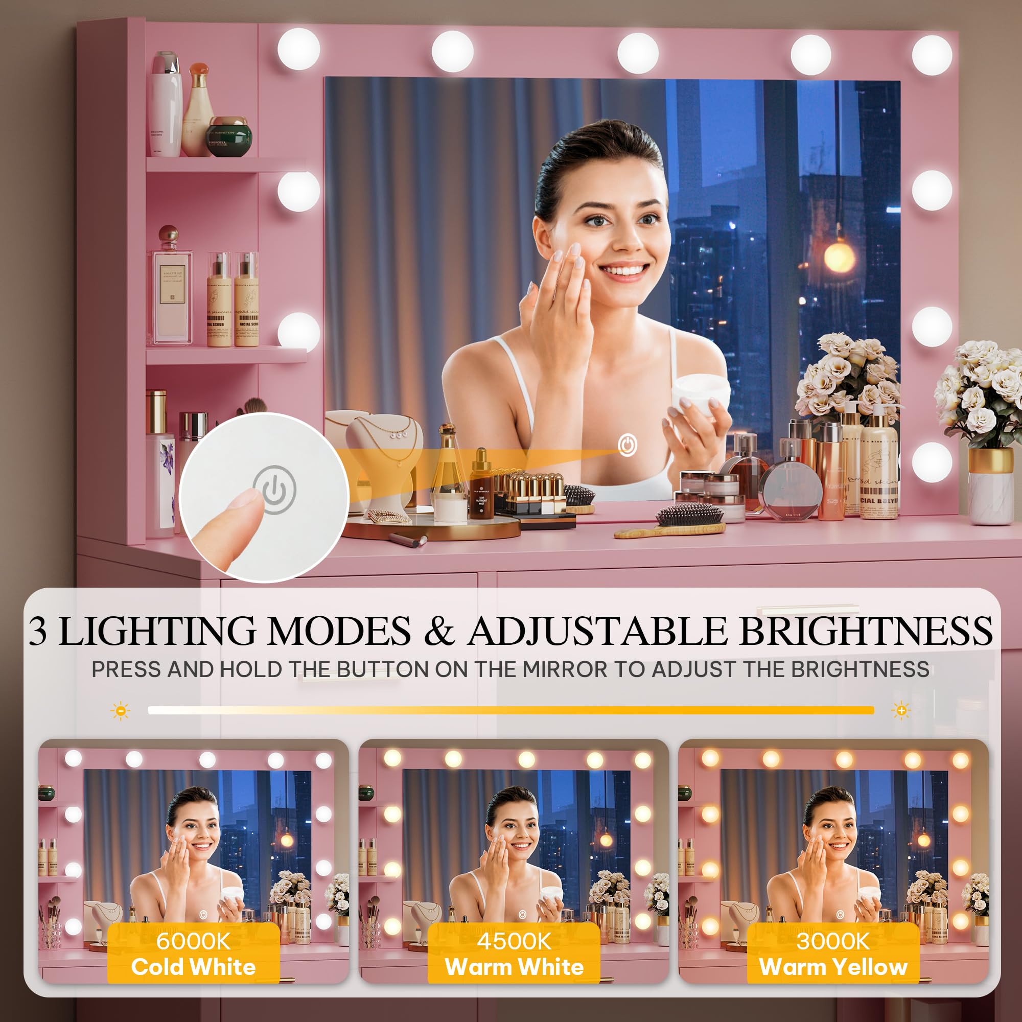 YITAHOME Pink Makeup Vanity Table with Mirror, Lights & Charging Station - 39.5 Inch Beauty Desk with 3 Storage Shelves & Comfortable Bench - Perfect for Bedroom, Dressing Room & Gift for Women