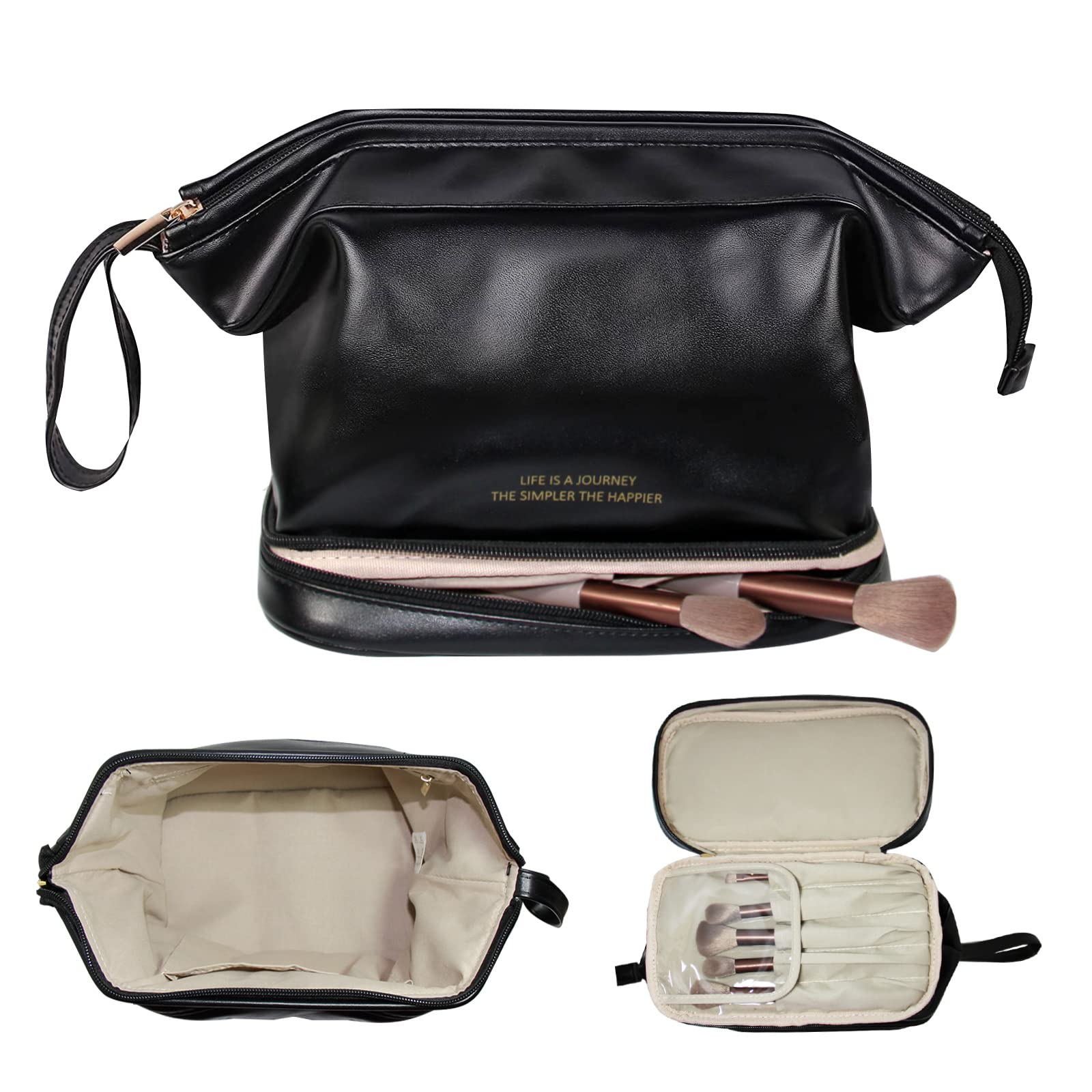 Waterproof Leather Travel Makeup Bag - Large Double Layer Cosmetic Organizer with Zipper for Women | Portable Toiletry Case for Travel, Gym & Daily Use | Black Cosmetic Storage Pouch