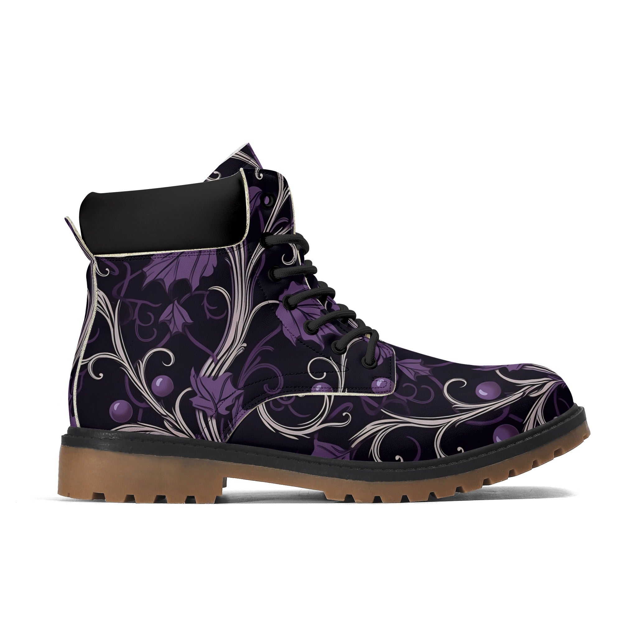 Gothic Purple Leather Boots for Women - All Season Comfort with Forest Brown Outsole - Perfect for Outdoor Hiking, Fall Fashion & Gothic Style Outfits