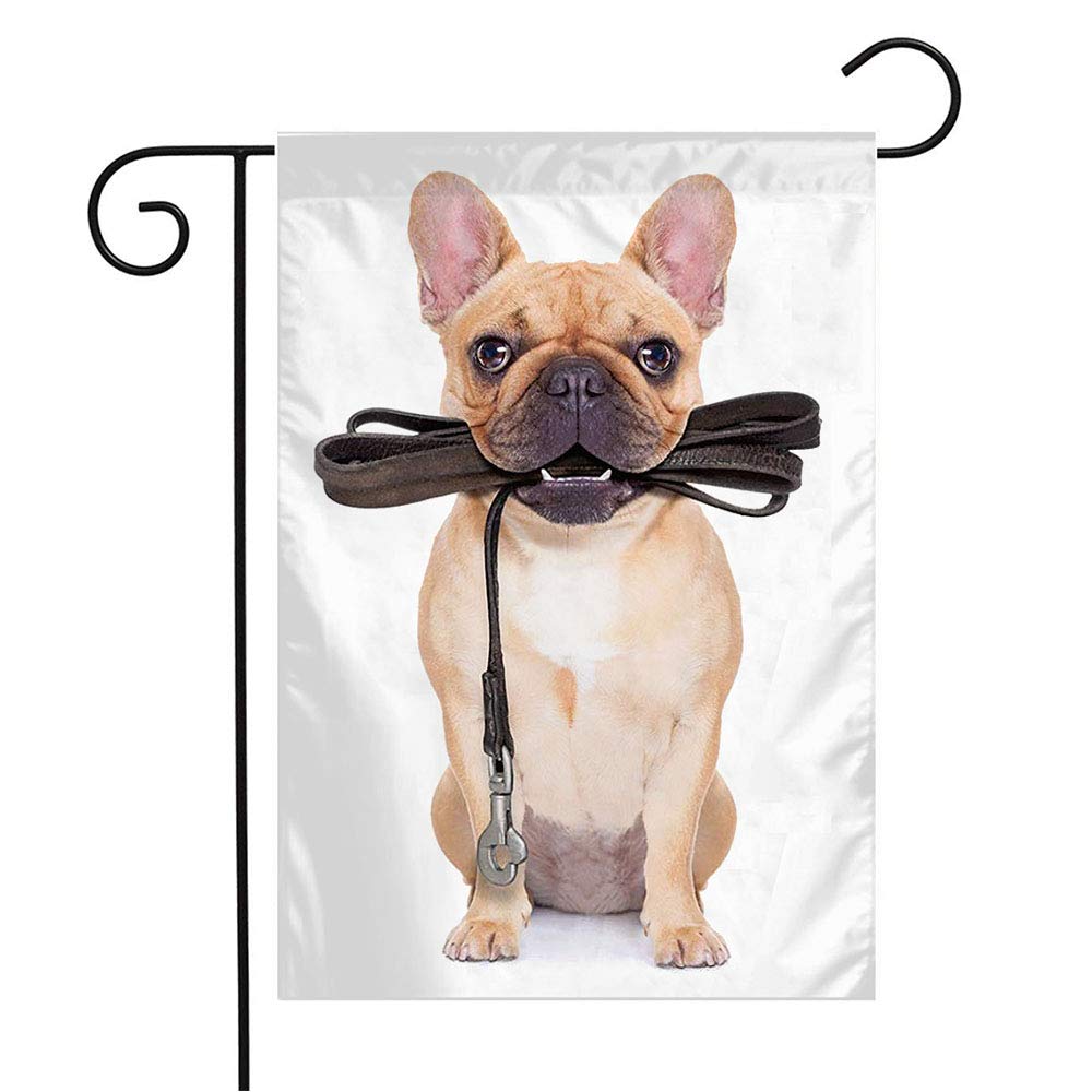 Funny French Bulldog Welcome Garden Flag - 12x18 Inch Humorous Dog Design with Leather Leash for Patio, Lawn & Outdoor Decor - Perfect Gift for Pet Lovers & Home Decor