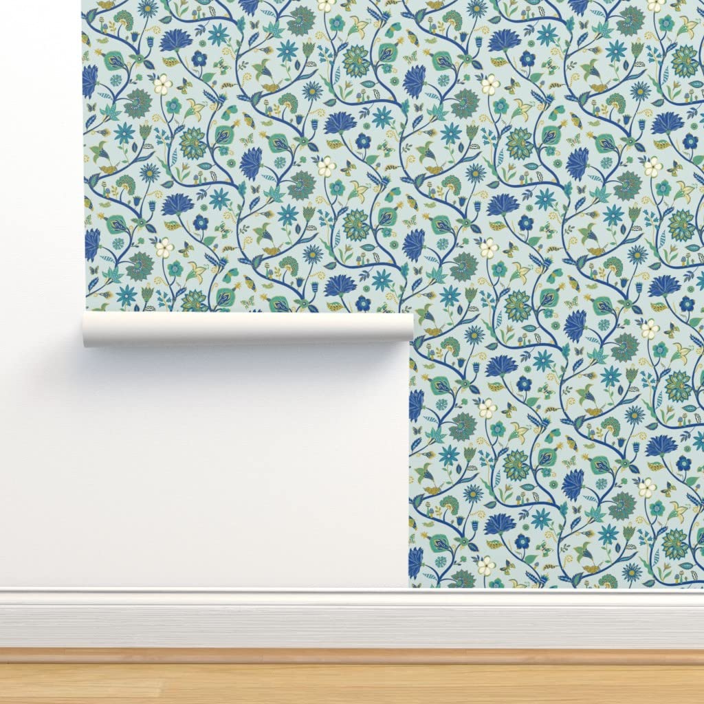 Removable Wallpaper Swatch - Fantasy Floral Modern Chinoiserie Blue Green Flowers Pre-Pasted Peel & Stick Wallpaper for Nursery, Bedroom, Living Room Decor | Spoonflower