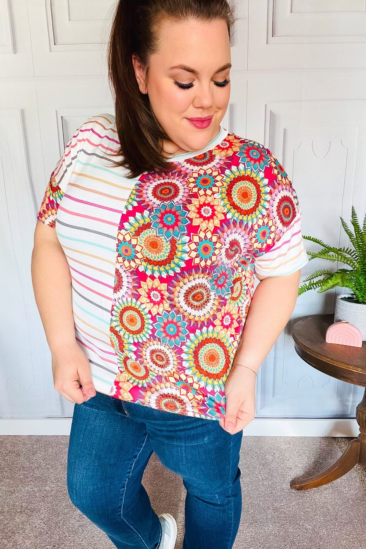 Always Fun Ivory & Fuchsia Stripe Crochet Print Women's Blouse - Casual Summer Tops for Beach, Vacation and Everyday Wear