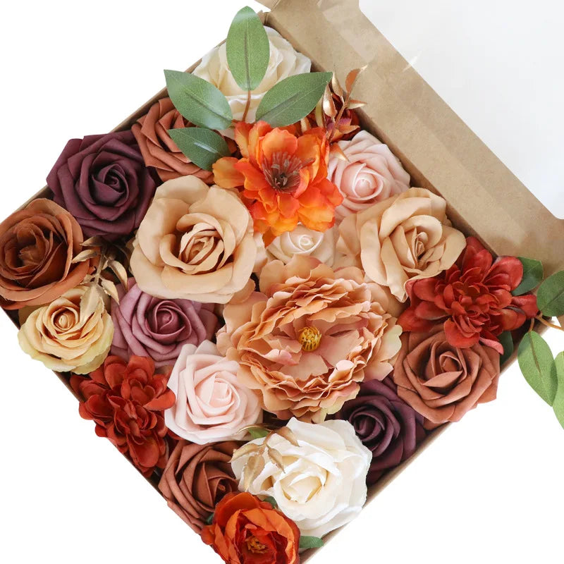 Yannew Burnt Orange Artificial Roses Combo Box - 24pcs Real Touch Silk Flowers for DIY Fall Wedding Bouquets, Boho Home Decor, Table Centerpieces & Seasonal Arrangements