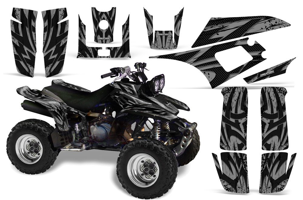 Yamaha Warrior 350 Graphics Kit - Tribal Madness Silver Decals & Stickers for ATV Body Customization | Off-Road Racing & Trail Riding Accessories