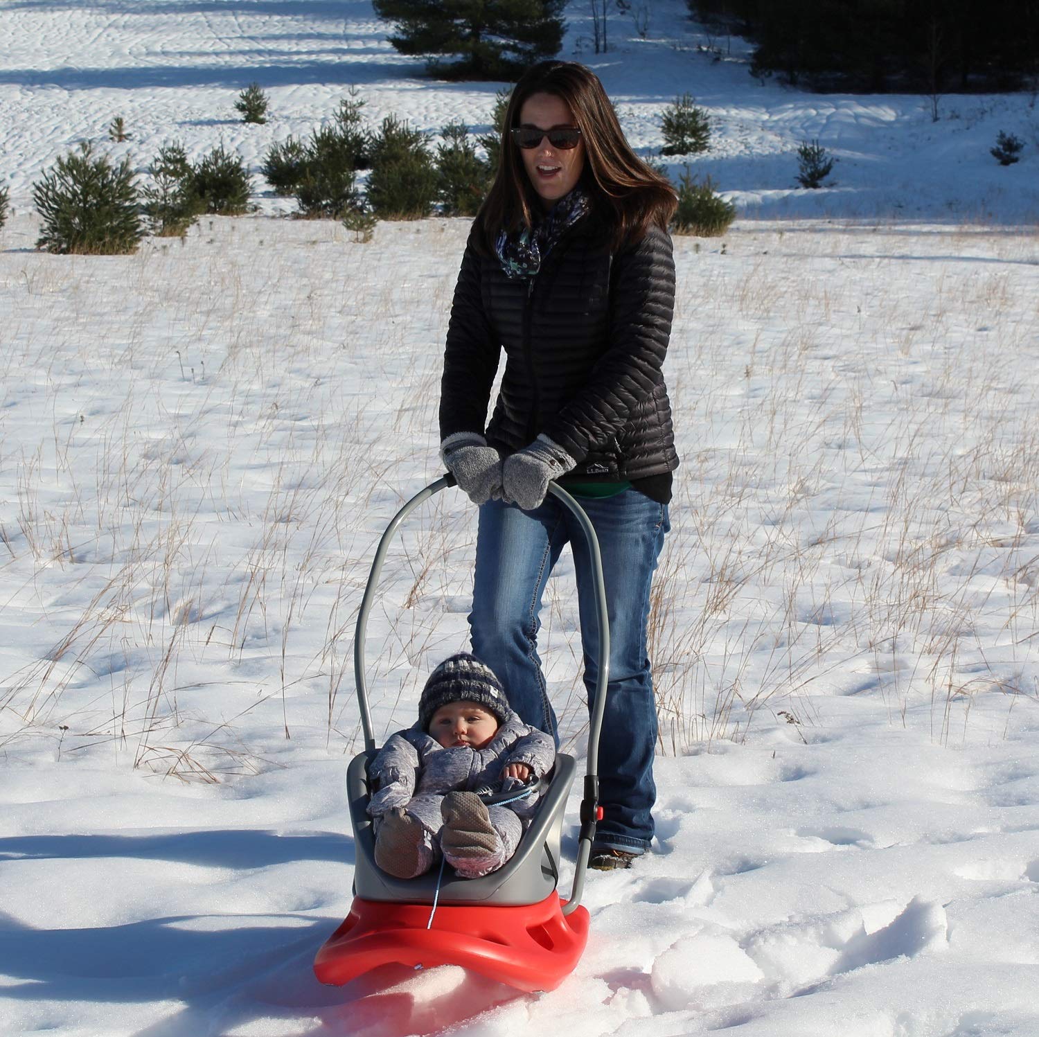 Flexible Flyer Portable Snow Stroller Baby Sled for Toddlers - Lightweight Infant Winter Sleigh with Safety Belt, Red (33