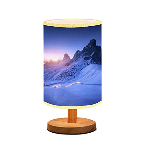 Minimalist Wooden Flaxen Fabric Shade Nightstand Lamp - Snowy Mountains & Blurred Headlights Design for Bedroom, Living Room & Nursery | Perfect for Breastfeeding, Reading & Relaxing