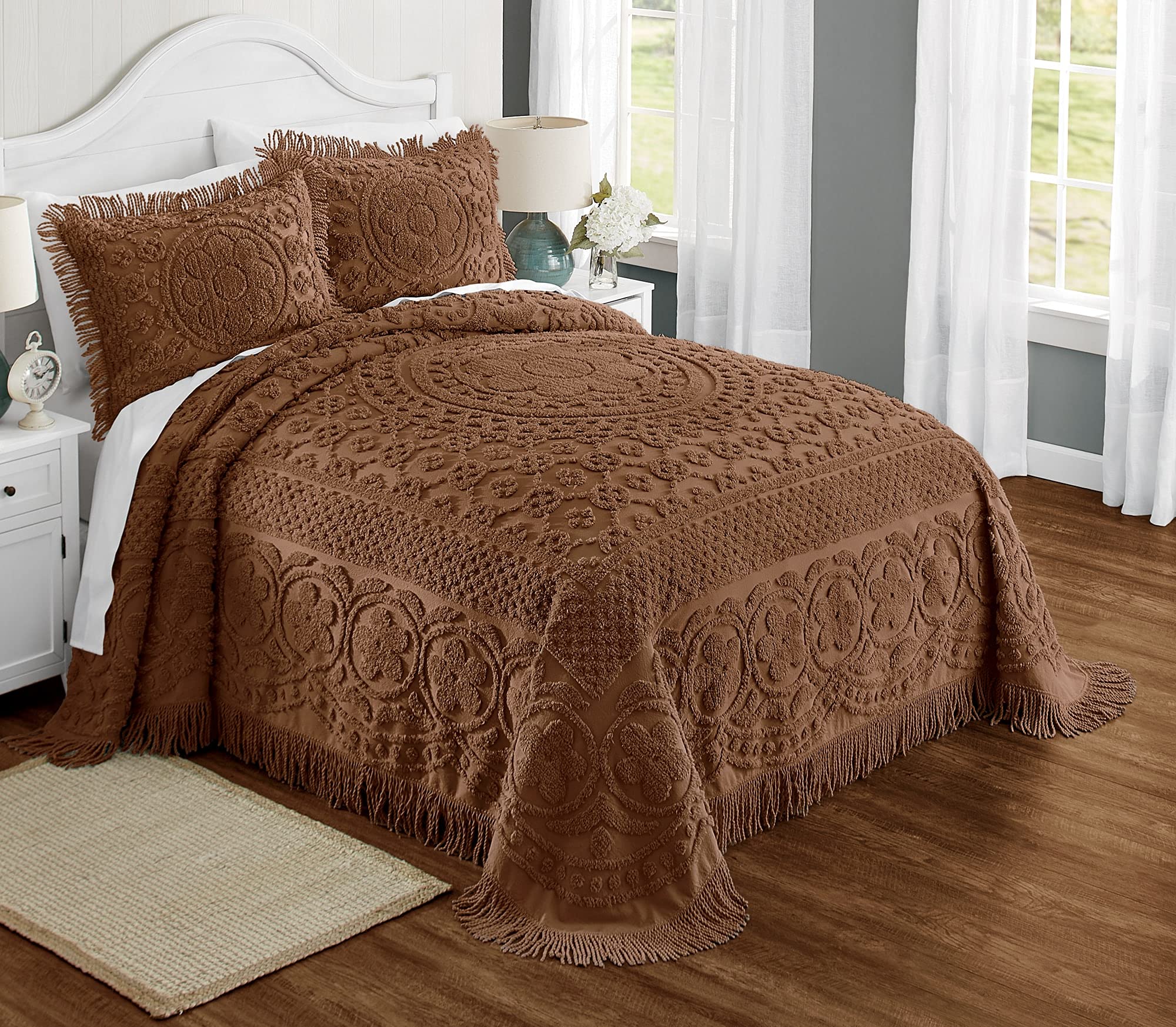 Montgomery Ward Emily Floral Chenille Bedspread - Soft Cotton Comforter & California King Size Quilt in Chocolate | Luxury Hotel Style Bedding for Master Bedroom, Guest Room & Vacation Homes