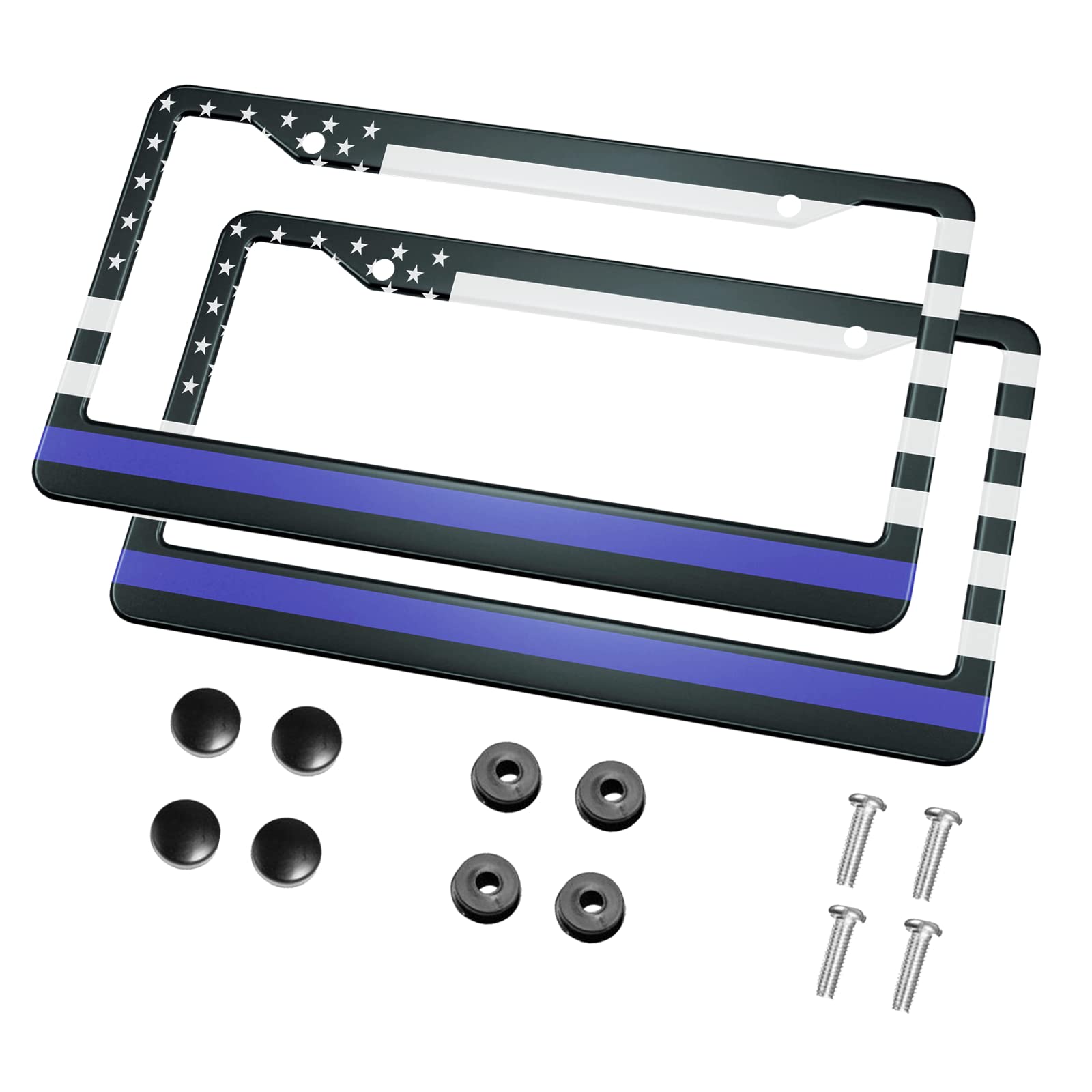 HOSNYE US Police Flag License Plate Frame - 2 Pack Black Metal Car Tag Holder with Stars & Blue Lines - Front & Rear License Plate Covers for Men & Women - Perfect for Patriotic Car Decoration & Police Supporters