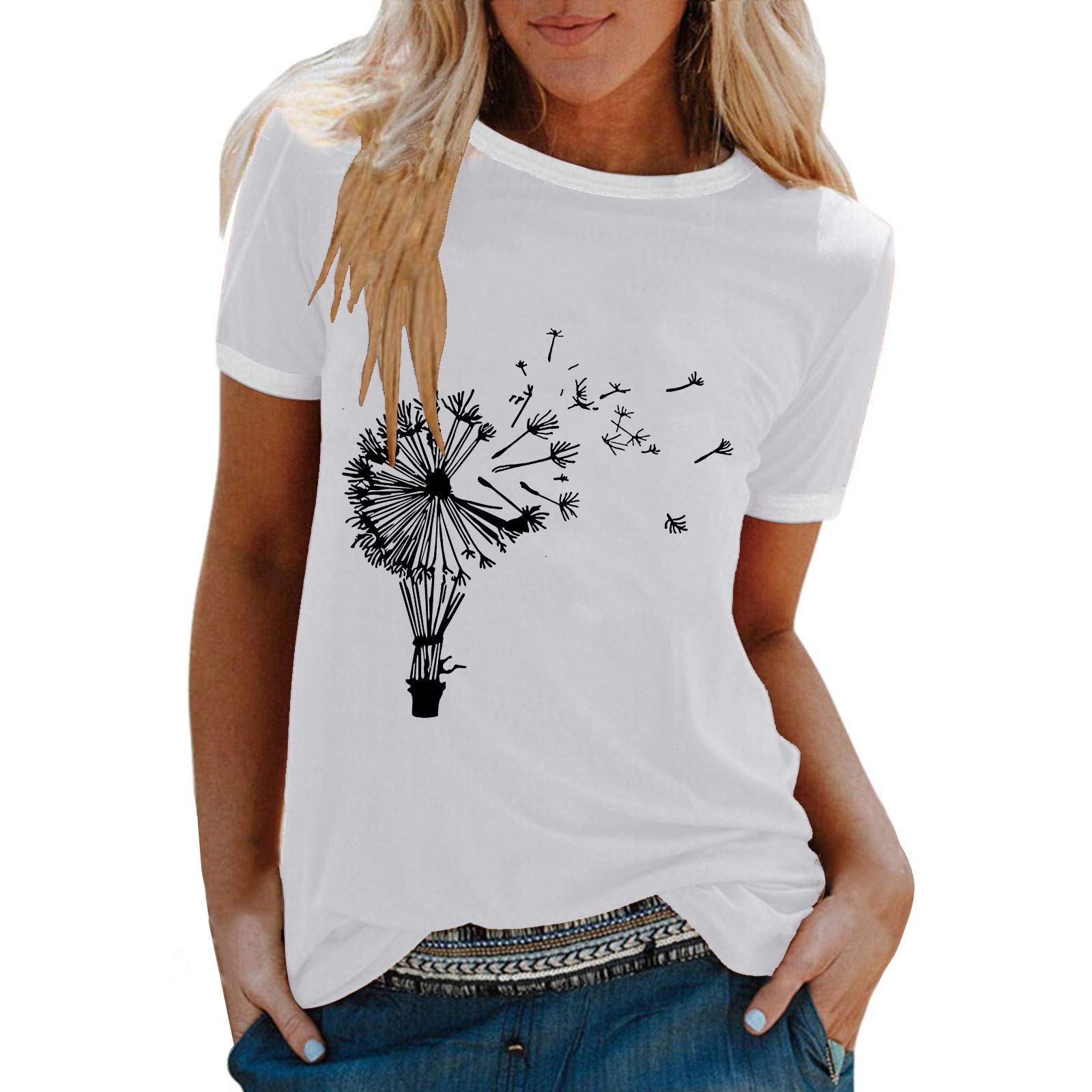 Women's Loose Fit Short Sleeve O-Neck Printed T-Shirt - Casual Blouse Pullover Top in Black (Small) - Perfect for Everyday Wear, Weekend Outings & Summer Fashion