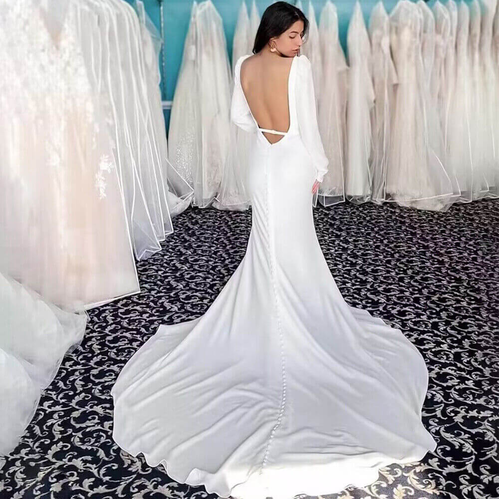 Elegant Long Sleeve Square Neck Satin Wedding Dress - Mermaid Style with High Side Split & Backless Design for Bridal Gowns, Evening Gowns & Special Occasions