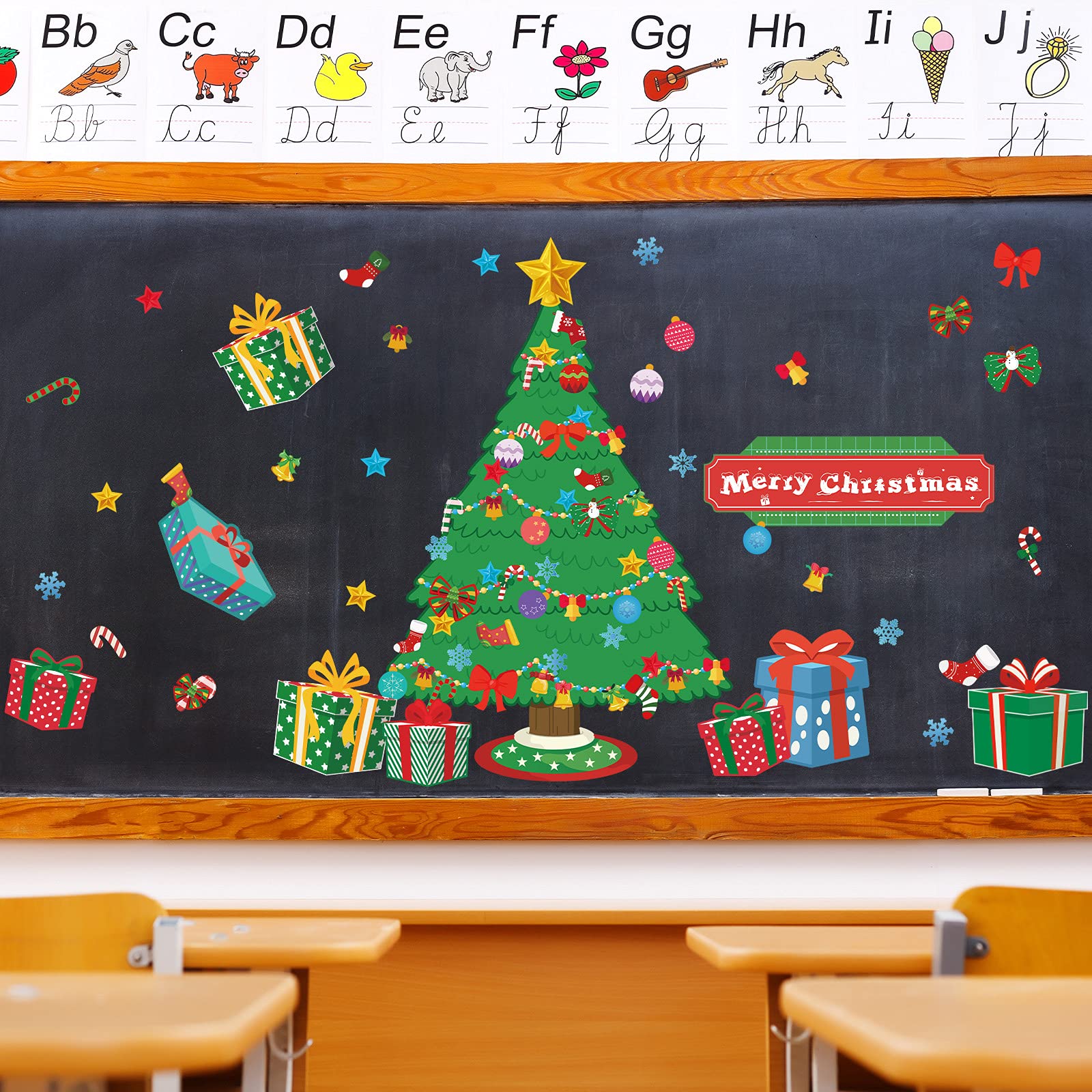 71 Piece Christmas Classroom Decor Set - Tree, Banners, Candy Canes, Stars, Bells, Snowflakes, Presents, Stockings & Bows - Holiday Party, School Bulletin Board & Winter Classroom Decoration Kit