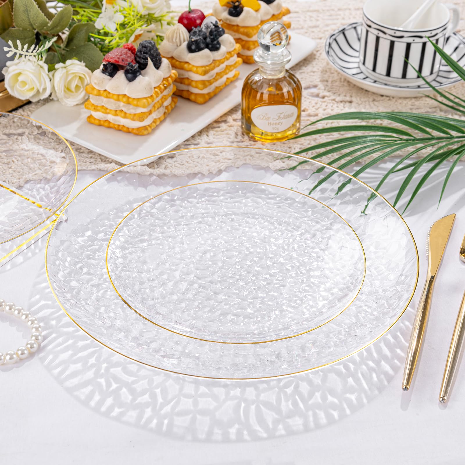 100Pcs Clear Gold Plastic Plates - Disposable Gold Rim Party Plates, Heavy Duty Hammered Design - 50 Clear Dessert Plates & 50 Dinner Plates for Weddings, Birthdays, BBQs & Special Events