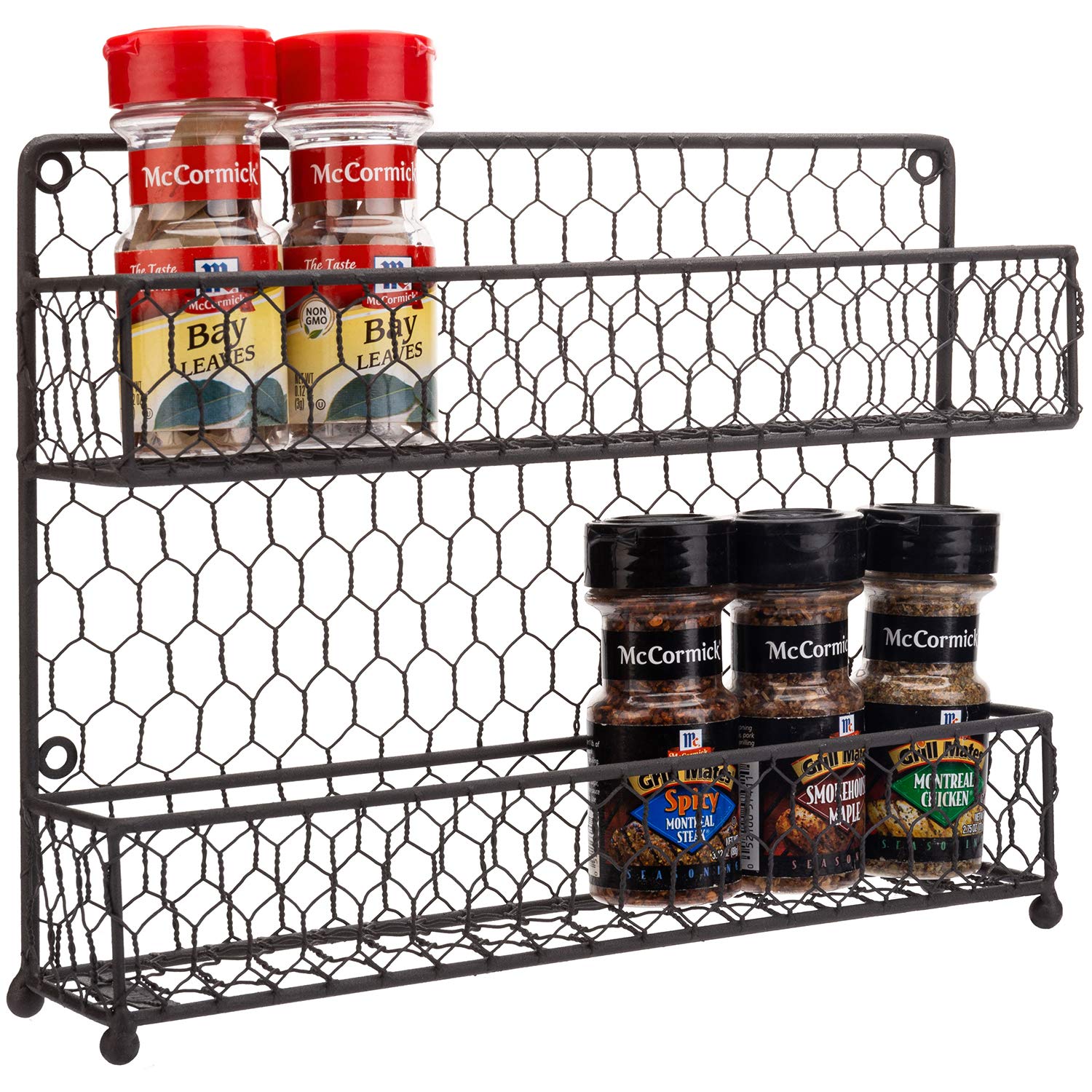 Farmhouse Style Metal Wire Spice Rack Organizer - 2-Tier Wall Mount or Countertop Kitchen Storage for Seasoning Jars (Brown) - Perfect for Small Spaces, Pantry Organization & Rustic Home Decor