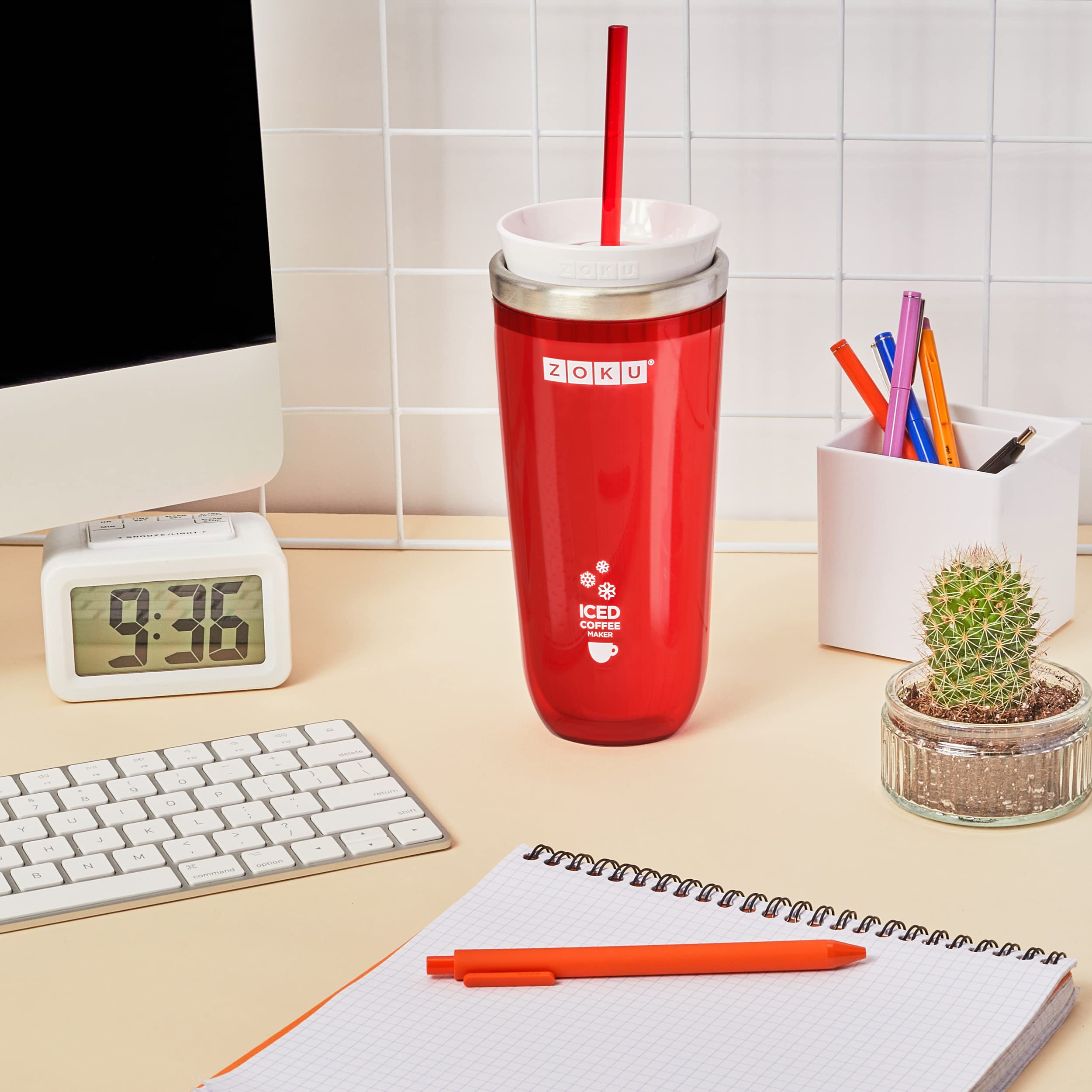 Zoku Instant Iced Coffee Maker - Reusable Beverage Chiller Cools Hot Drinks Fast Without Dilution | 11oz Portable Tumbler with Leak-Proof Lid & Straw (Red) | Perfect for Office, Travel & Outdoor Activities