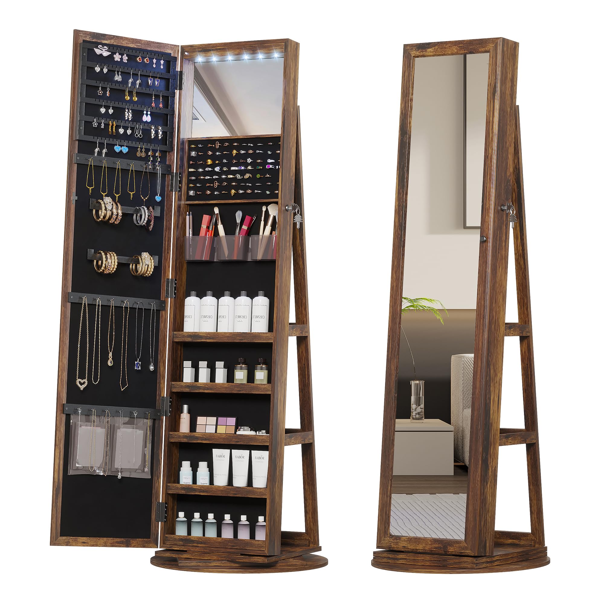 Full Length Mirror Jewelry Armoire with LED Lights - Lockable Standing Jewelry Cabinet with 360° Swivel Mirror & Storage Organizer for Women & Girls | Perfect for Bedroom, Dressing Room & Gift Giving