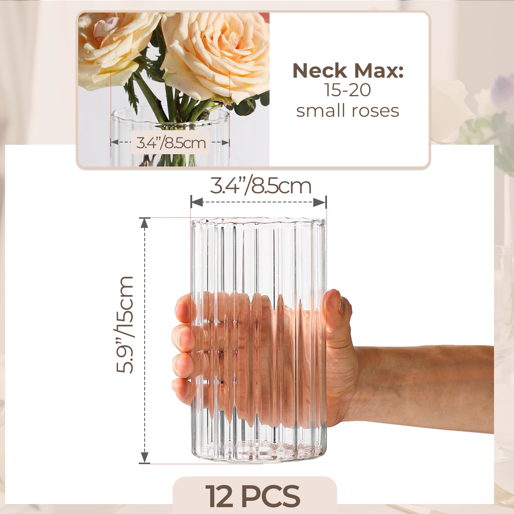 ComSaf 12-Pack Clear Glass Cylinder Vases - 6 Inch Tall Ribbed Bud Vases for Wedding Centerpieces, Floral Arrangements & Home Decor - Bulk Hurricane Candle Holders for Parties, Dining Tables & Event Decorations
