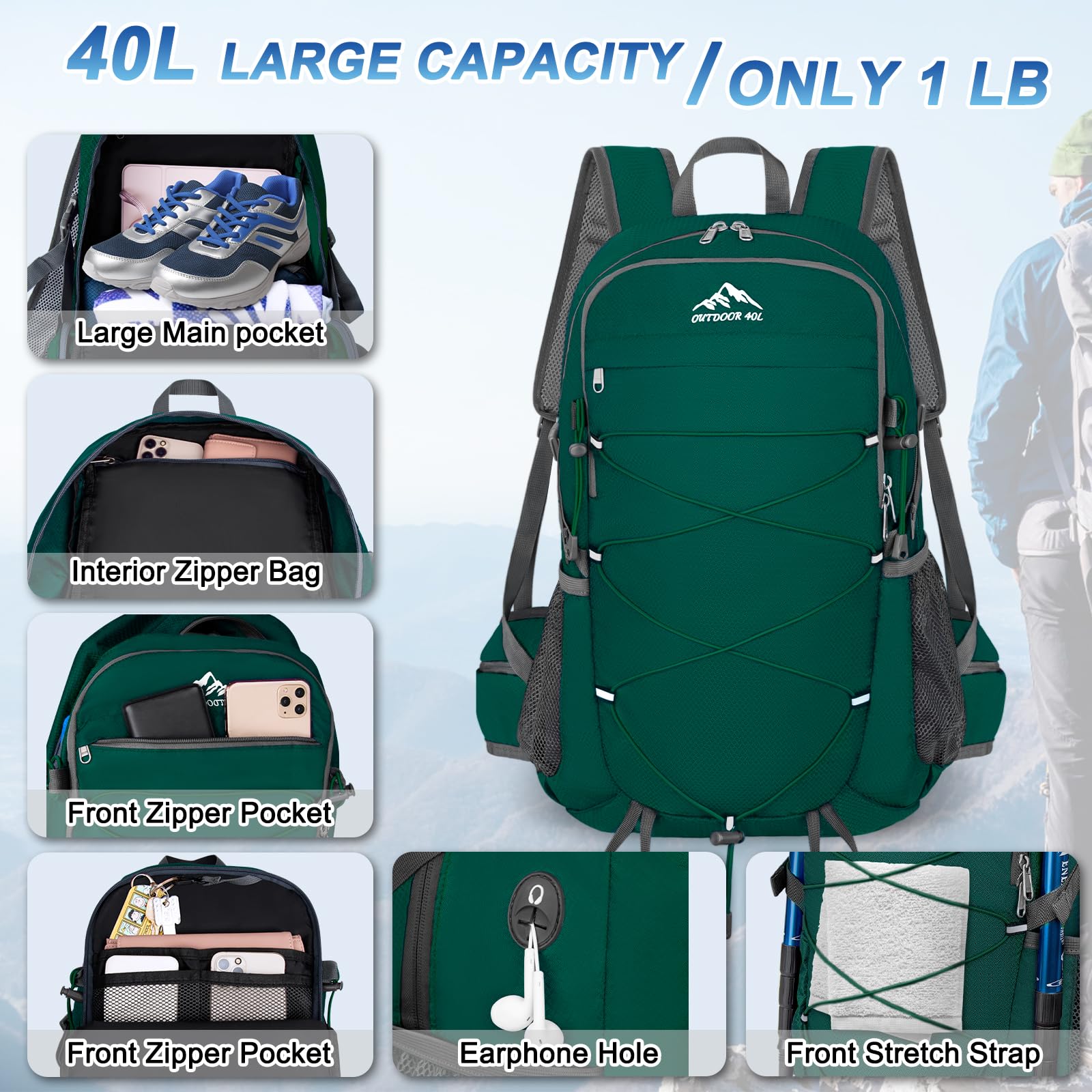 BKNOOU 40L Lightweight Hiking Backpack - Waterproof Foldable Daypack for Men & Women - Perfect for Camping, Travel & Outdoor Adventures