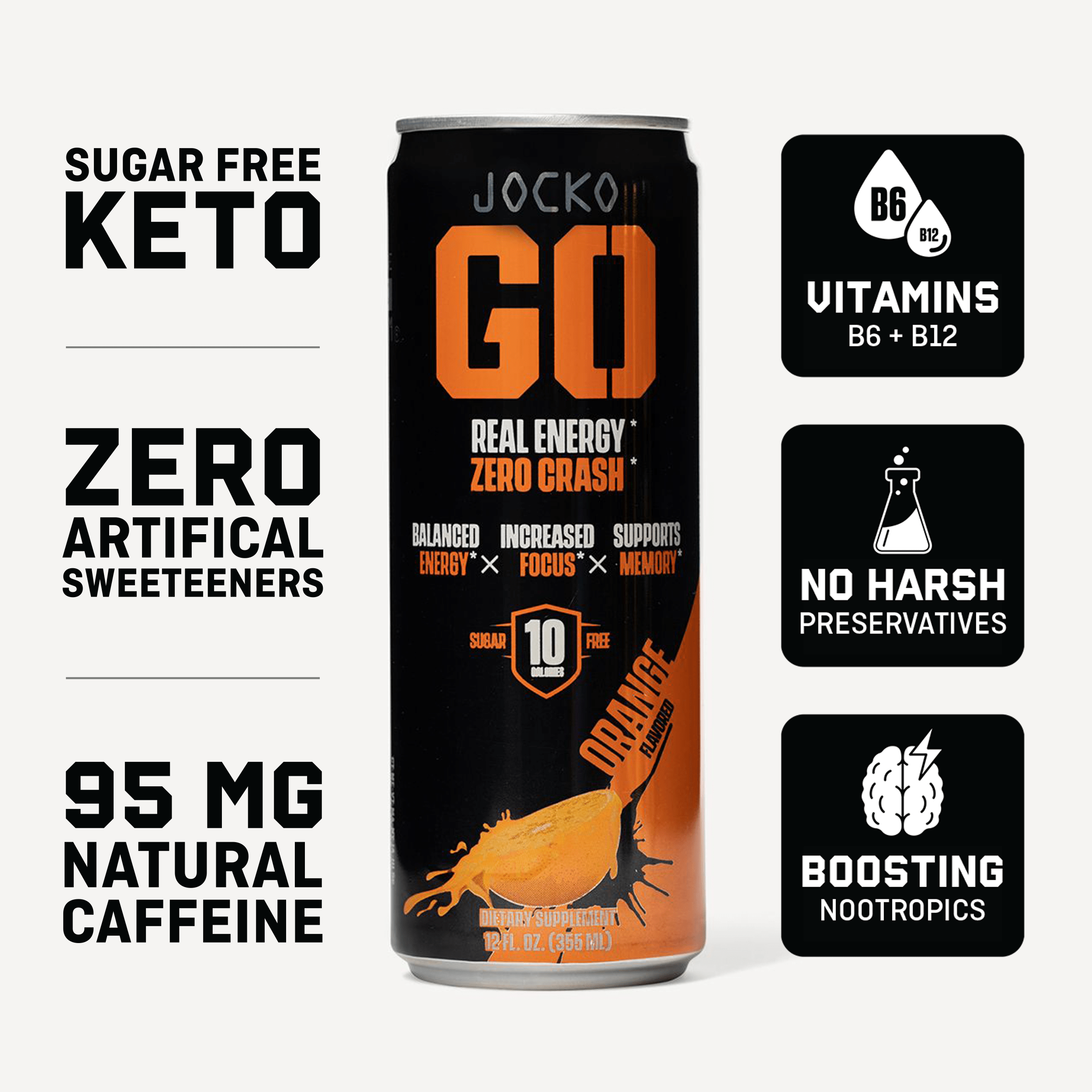 JOCKO GO Energy Drink - 12 Pack | Sugar-Free Pre Workout & Post Workout Supplement | Boost Energy & Focus for Gym, Running & Fitness