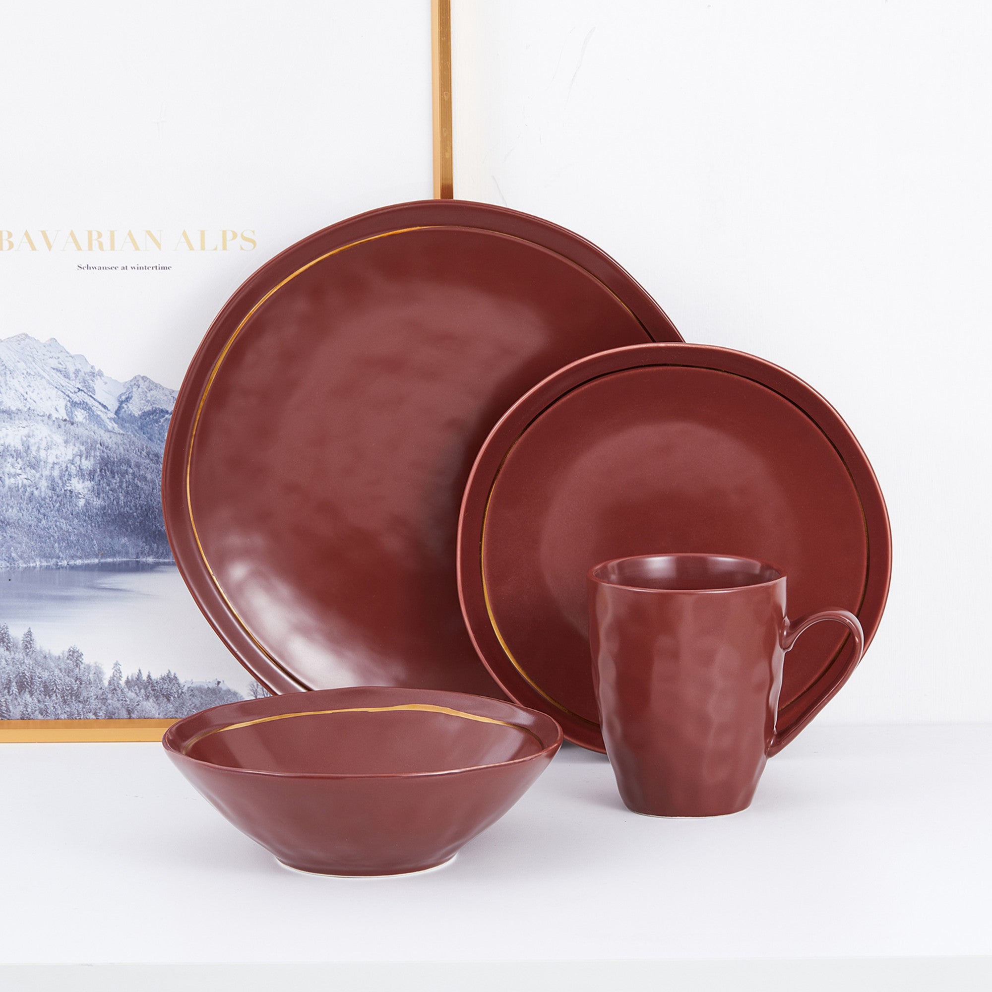 Premium Clara Porcelain Dinnerware Set - 16-Piece Burgundy Fine China for Formal Dining & Entertaining - Elegant Dinner Plates, Bowls & Cups Set for Holidays, Wedding & Special Occasions
