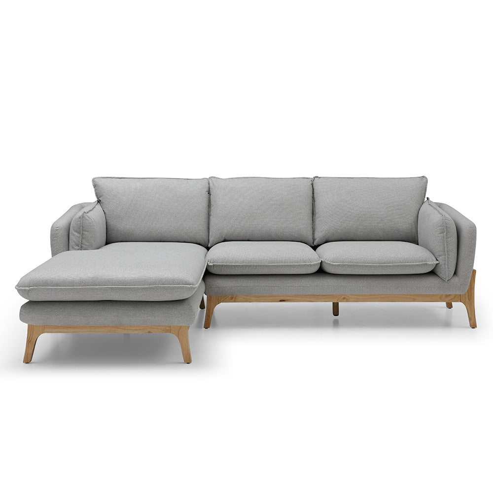 BRONTE 3-Seater Sofa with Left Chaise in Light Grey & Oak - Modern Living Room Furniture for Small Spaces