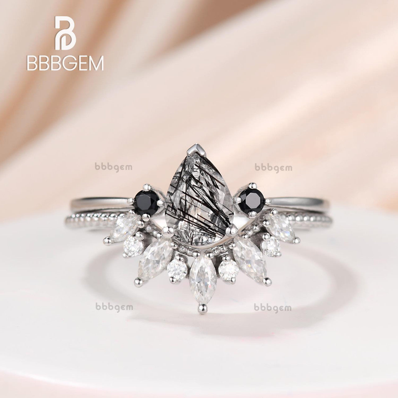Pear Black Rutilated Quartz Bridal Ring Set in White Gold with Diamond Cluster - Elegant Engagement & Wedding Jewelry for Brides, Anniversary Gifts, and Special Occasions