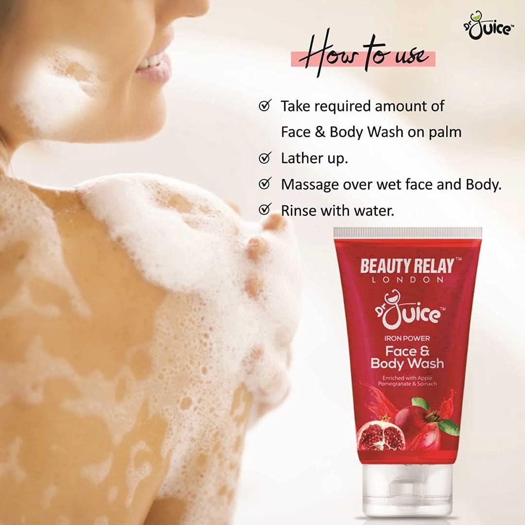 Beauty Relay London Dr. Juice 2-in-1 IRON POWER Moisturizing Face & Body Wash with Apple, Pomegranate, Spinach, Aloe Vera & Olive Oil - Refreshing Cleanser for Dry Skin (200ml) | Perfect for Daily Shower & Post-Workout Skincare Routine