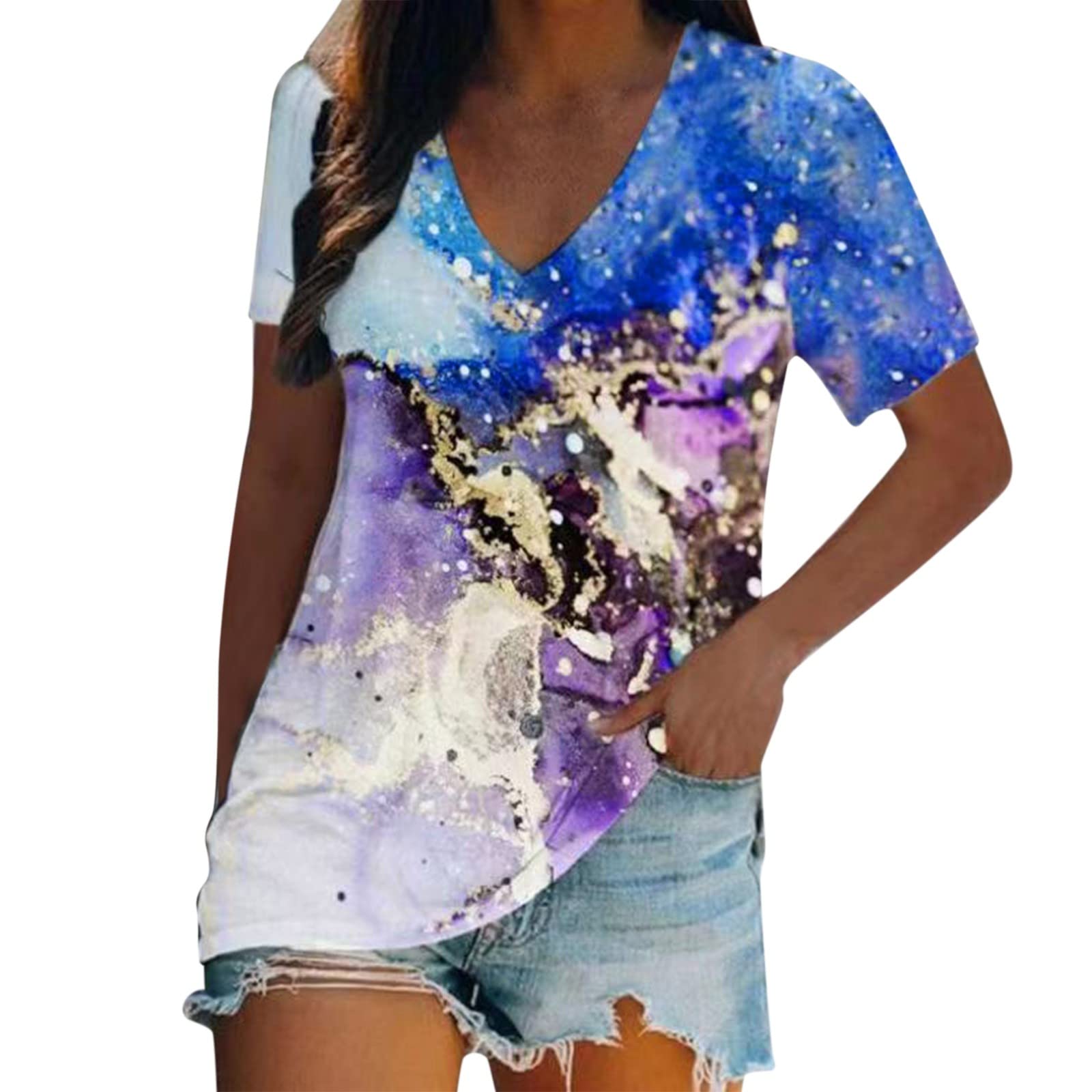 Uikceten Women's Summer Short Sleeve V-Neck Tie-Dye Printed T-Shirt - Casual Fashion Top for Beach, Party & Everyday Wear