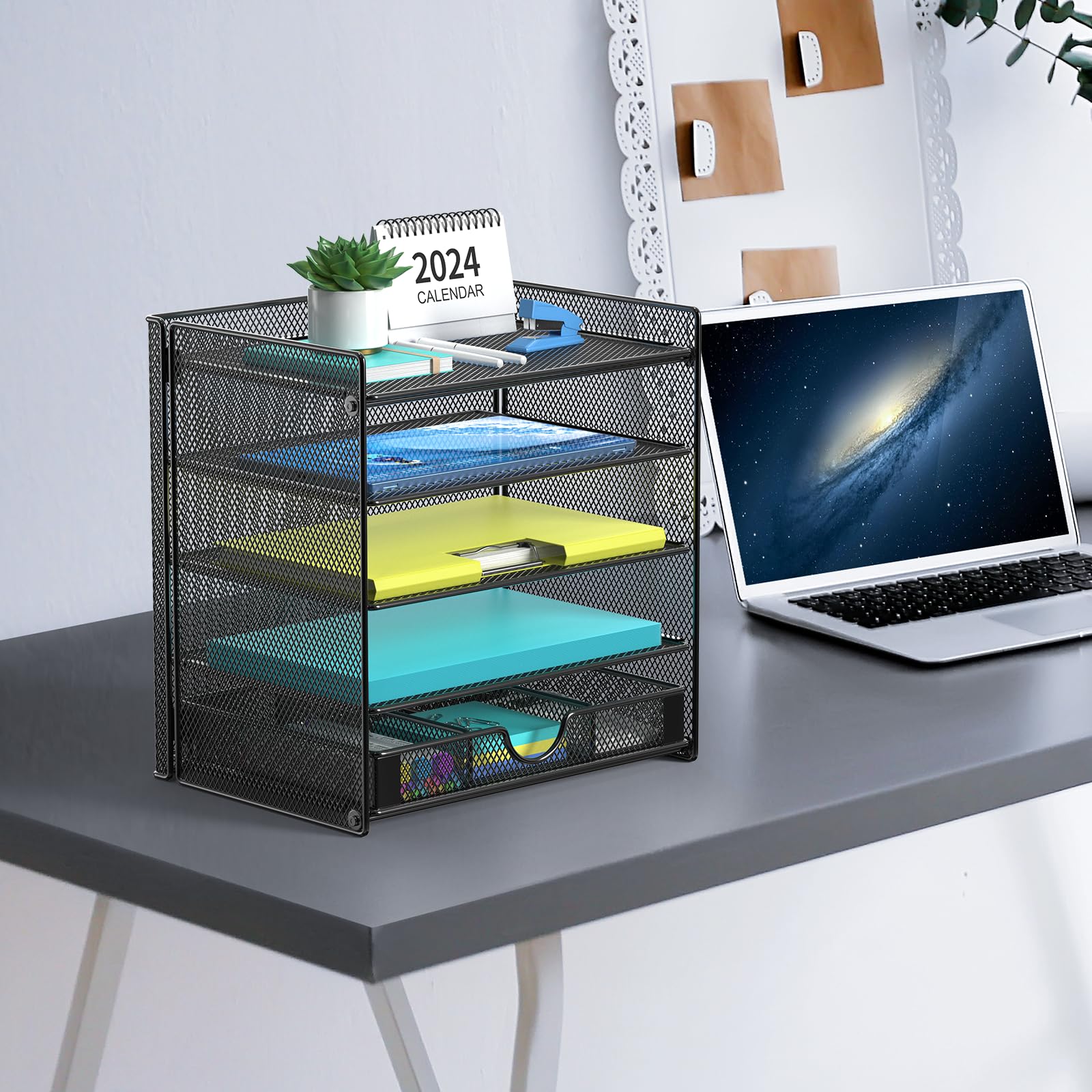 4-Tier Mesh Desk Organizer with Sliding Drawer - Black Paper File & Letter Sorter for Home, Office, School & Classroom - Perfect for Decluttering Workspaces and Organizing Documents
