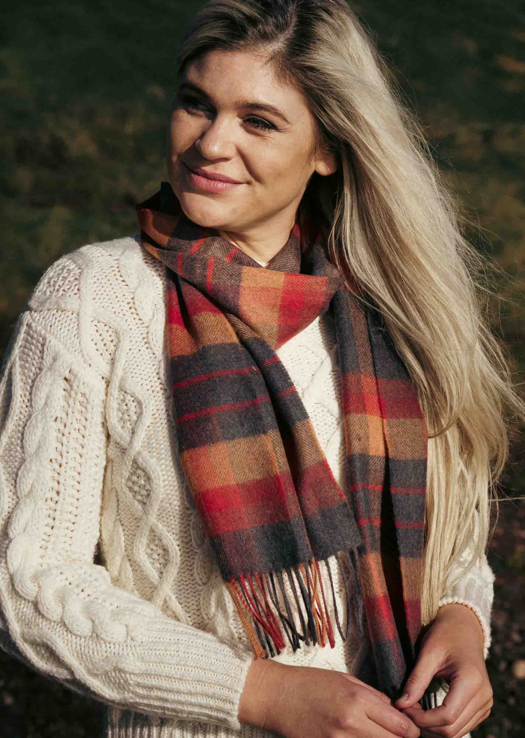 John Hanly Merino Wool Scarf - Soft & Warm Orange Charcoal Checkered Pattern for Men & Women | Perfect for Winter, Outdoor Activities & Fashion Accessories